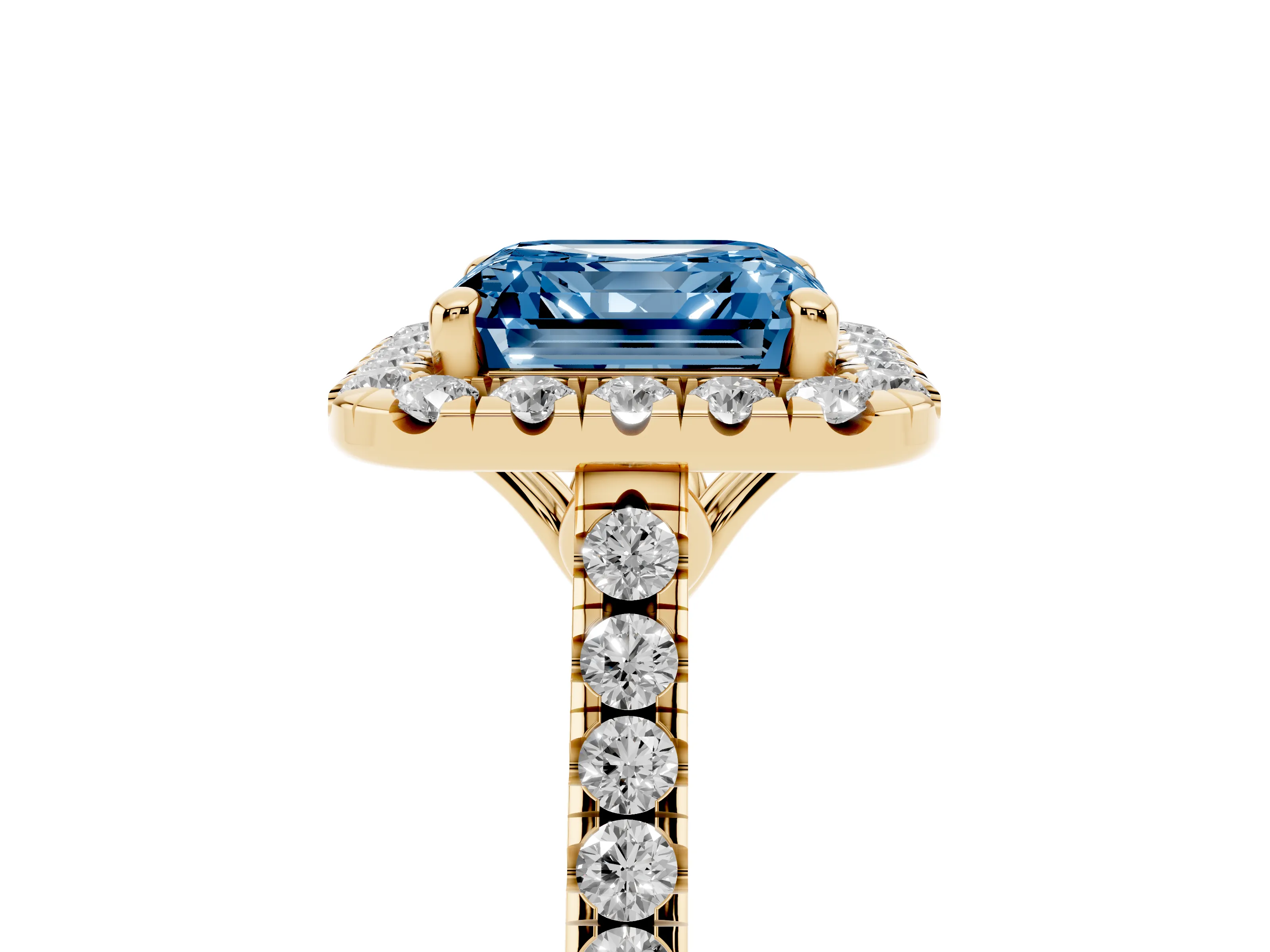Fancy Blue Asscher Cut Diamond Pavé Halo Engagement Ring Set in Yellow gold with Pavé Band and Prong Setting