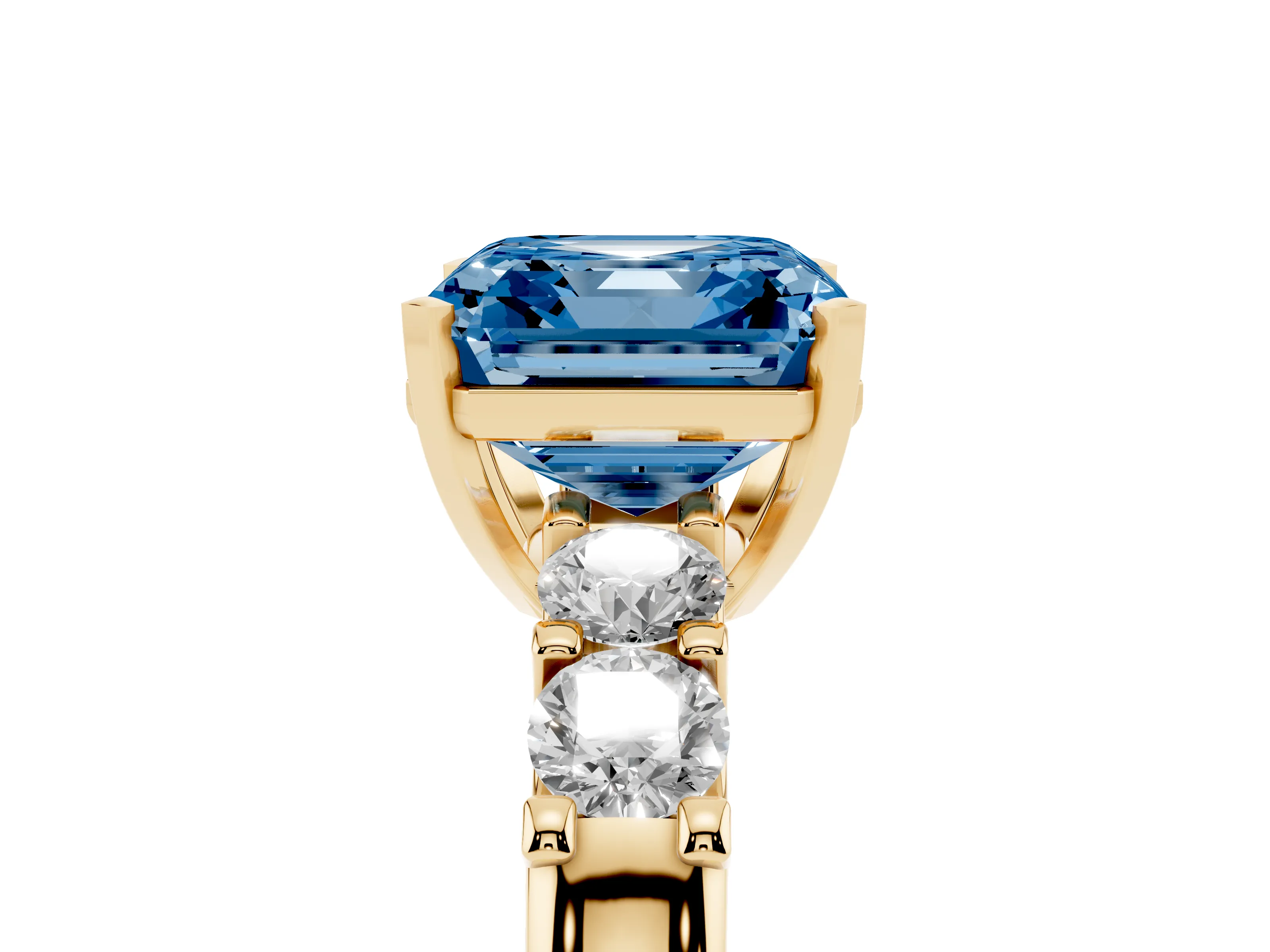 Fancy Blue Asscher Cut Diamond Five-Stone Prong Set Engagement Ring Set in Yellow gold with Channel Band