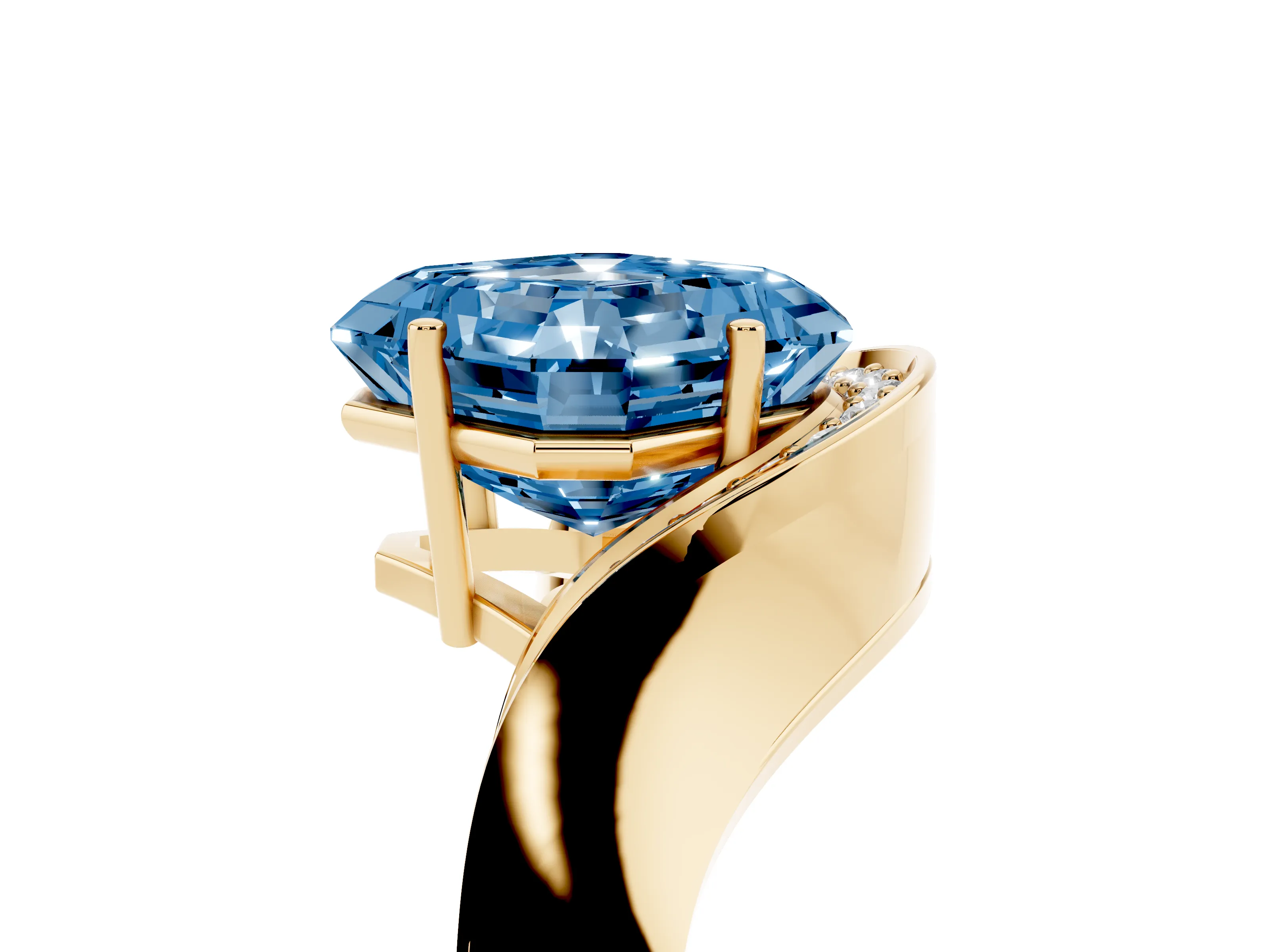 Fancy Blue Asscher Cut Diamond Solitaire Engagement Ring Set in Yellow gold with Pavé Shoulders