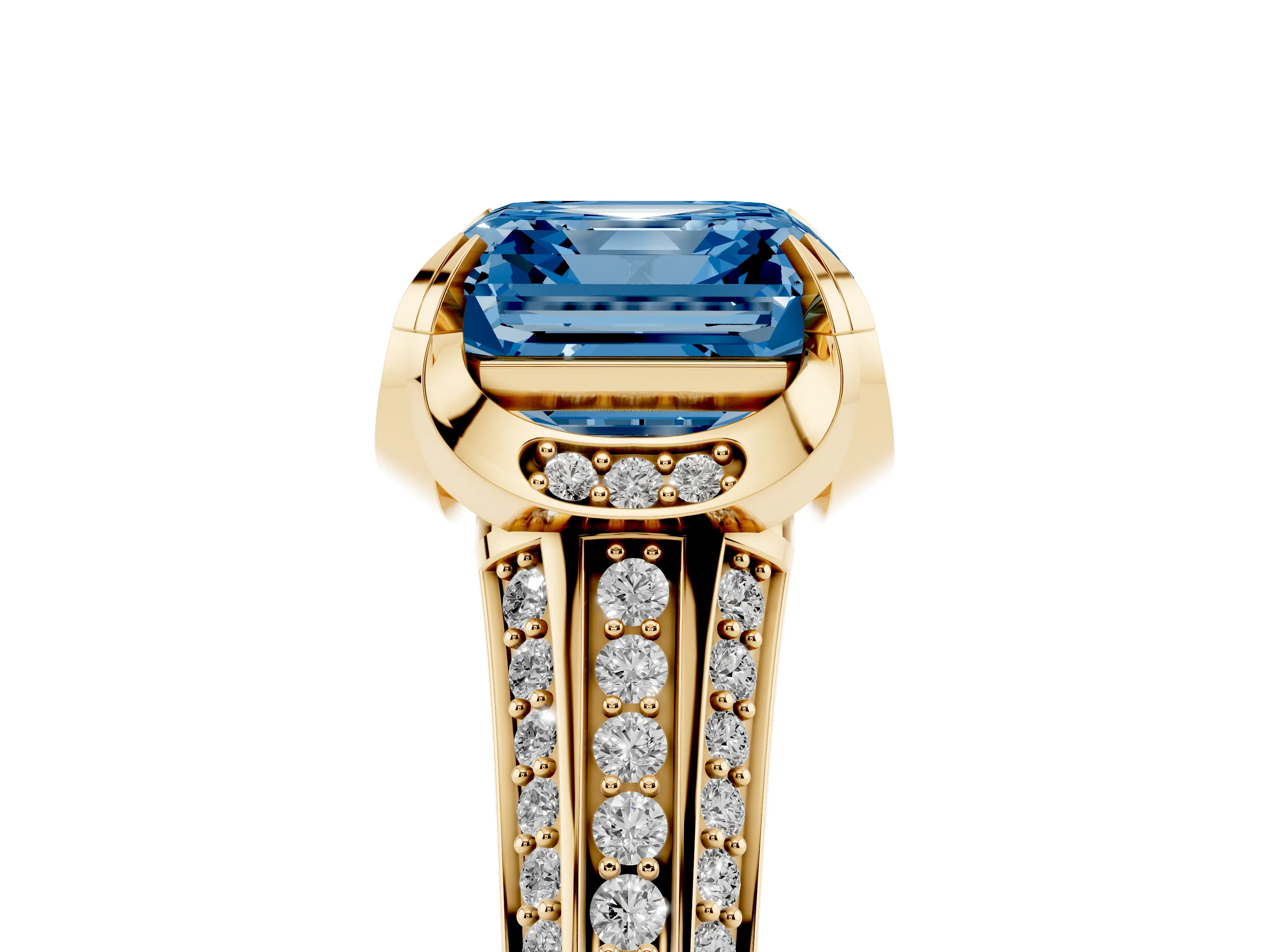 Fancy Blue Asscher Cut Diamond Pavé Split Shank Solitaire Ring Set in Yellow gold with Prong Setting