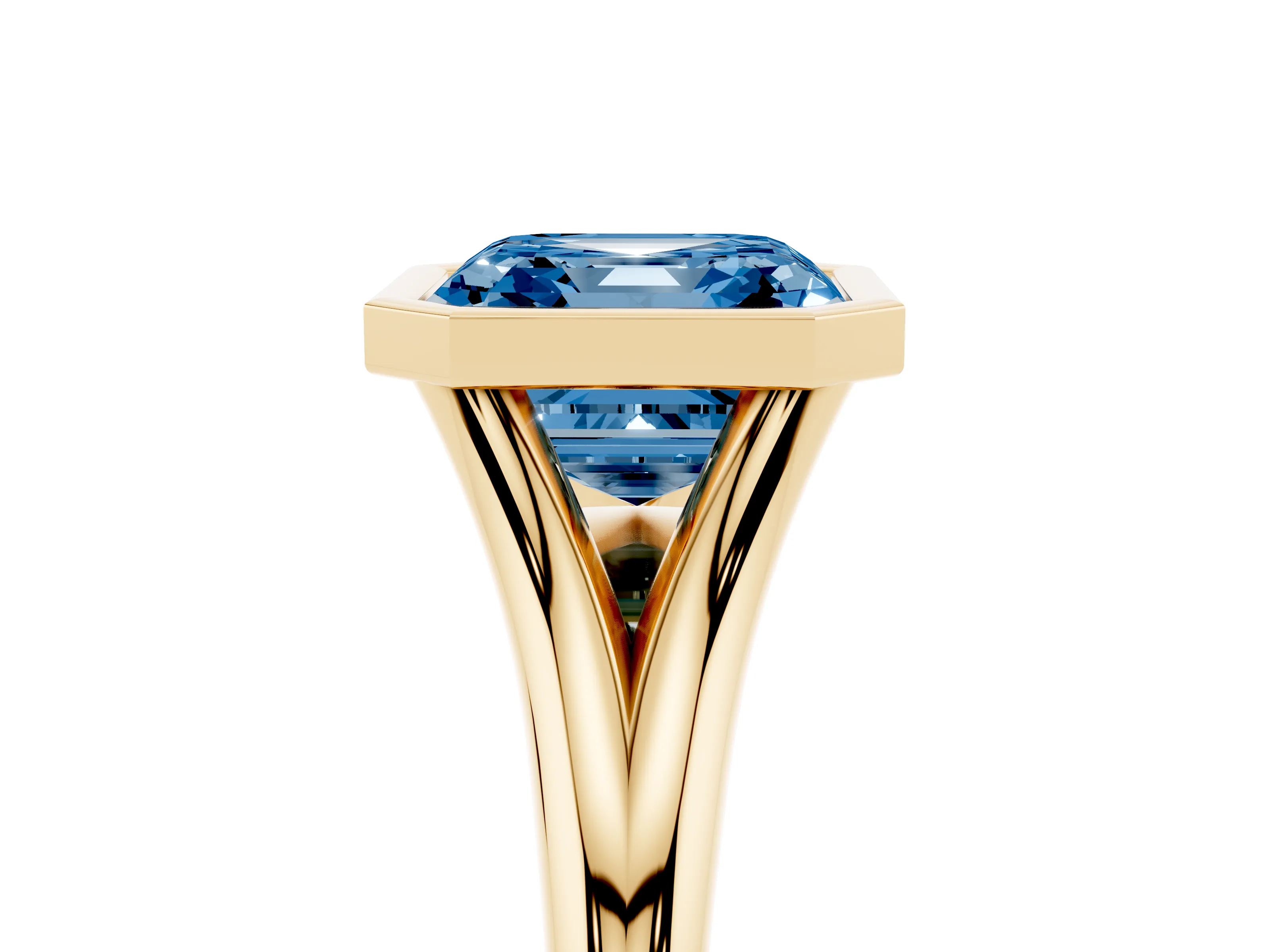 Fancy Blue Bezel Set Asscher Cut Diamond Solitaire Ring Set in Yellow gold with Tapered Band