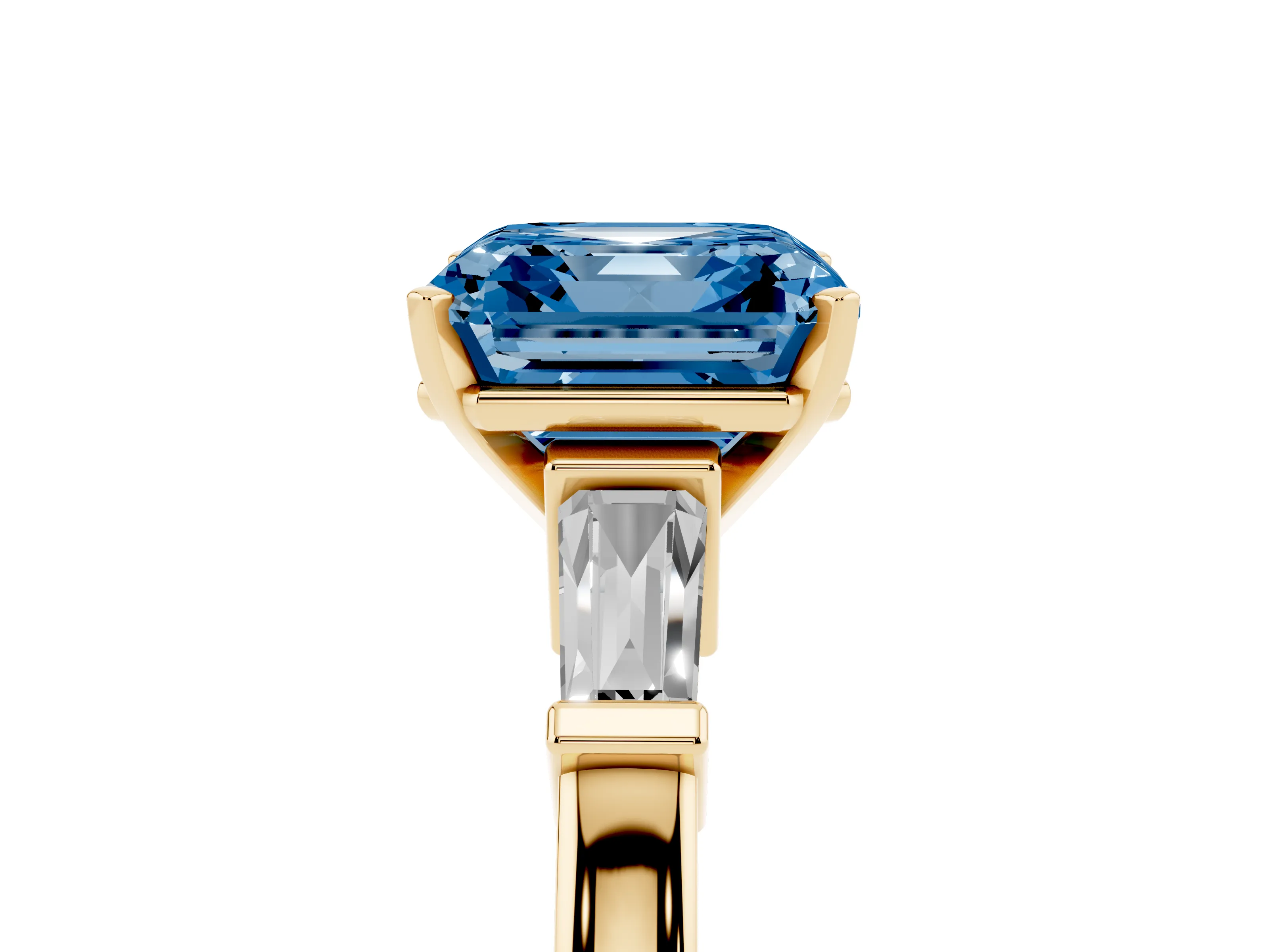 Fancy Blue Asscher Cut Diamond Solitaire Ring Set in Yellow gold with Tapered Baguette Accents and Prong Setting