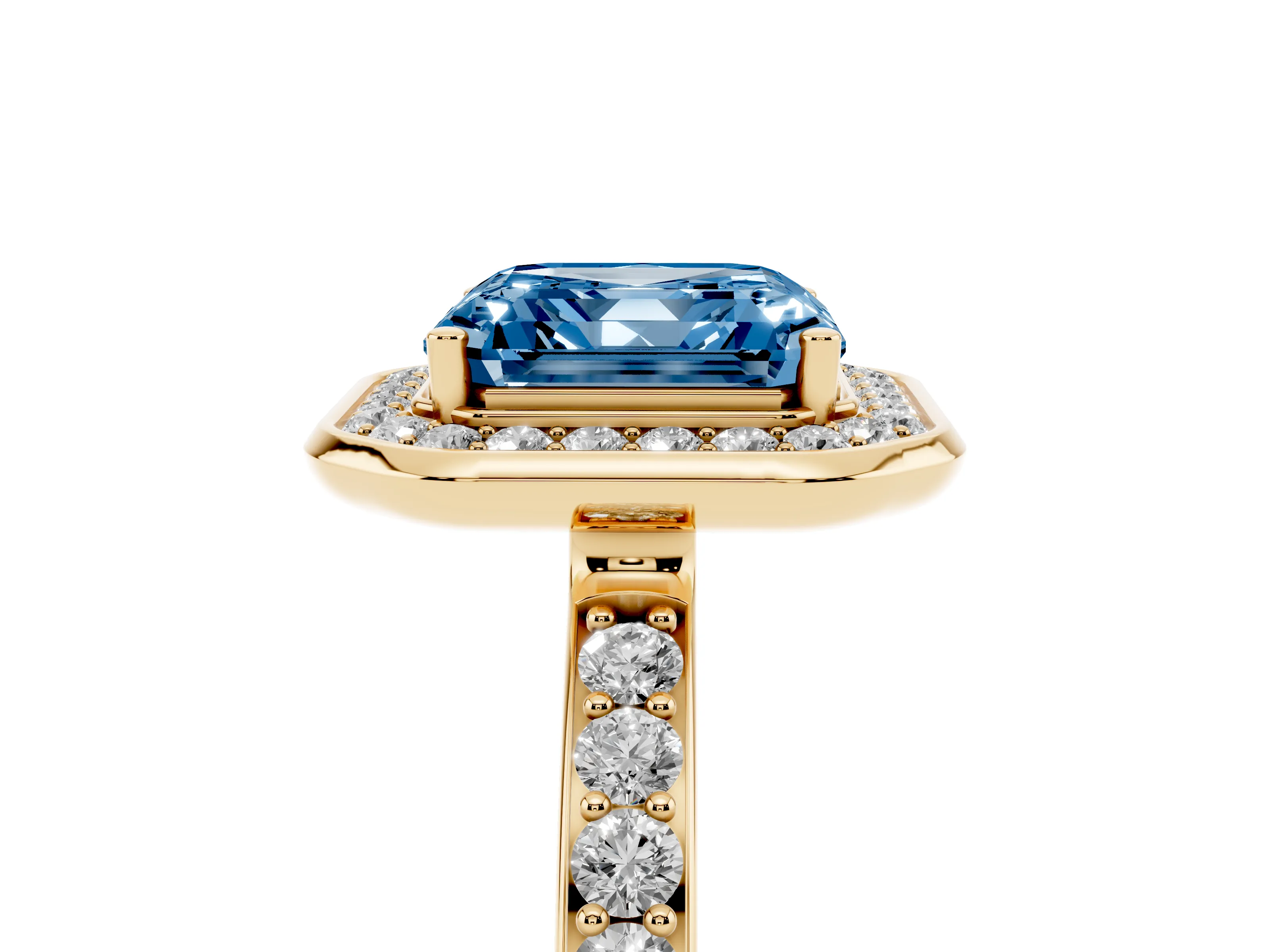 Fancy Blue Asscher Cut Diamond Halo Ring Set in Yellow gold with Bezel Frame and Pavé Band