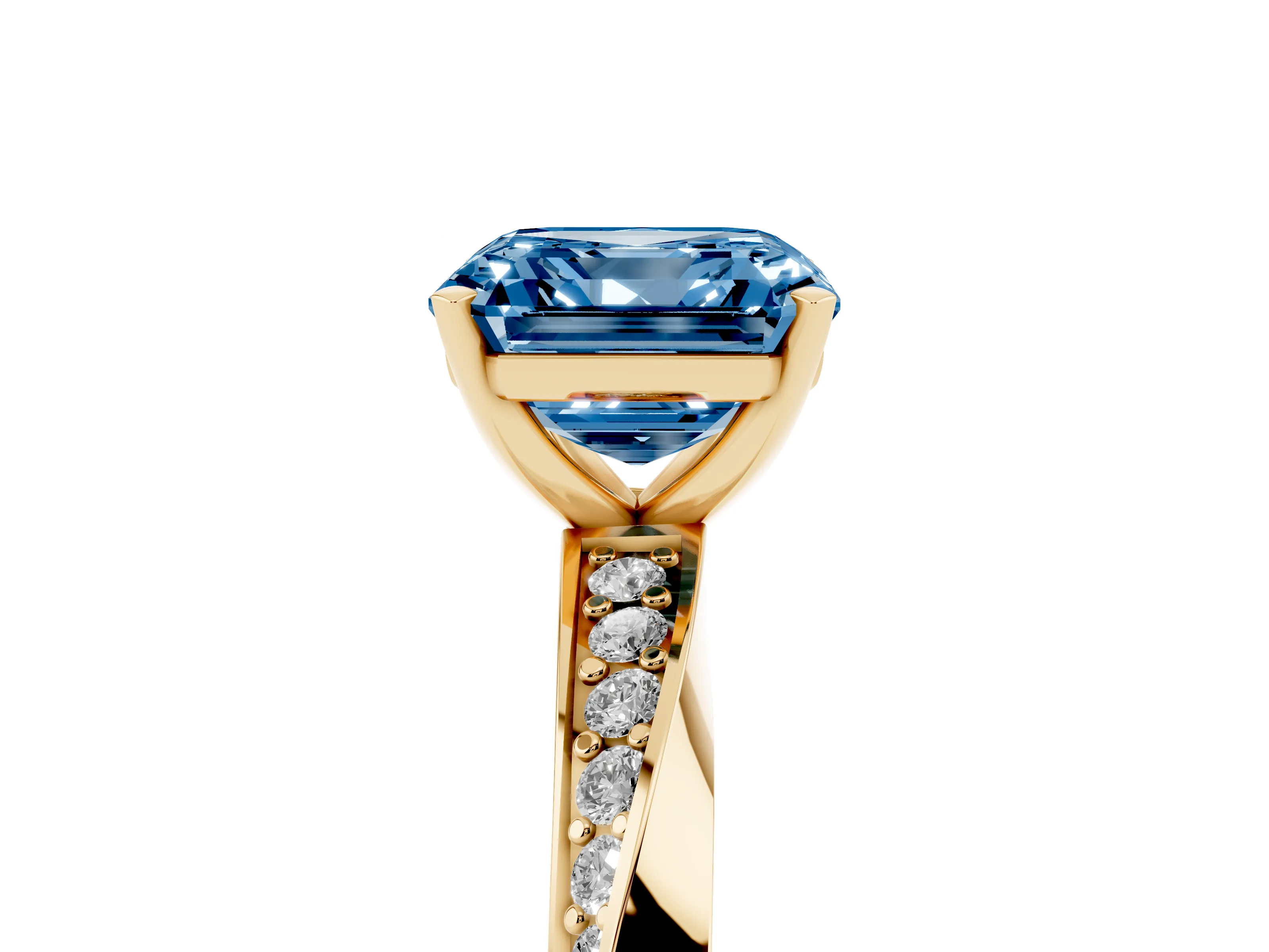 Fancy Blue Asscher Cut Diamond Engagement Ring Set in Yellow gold with Side Stone Accents and Prong Setting