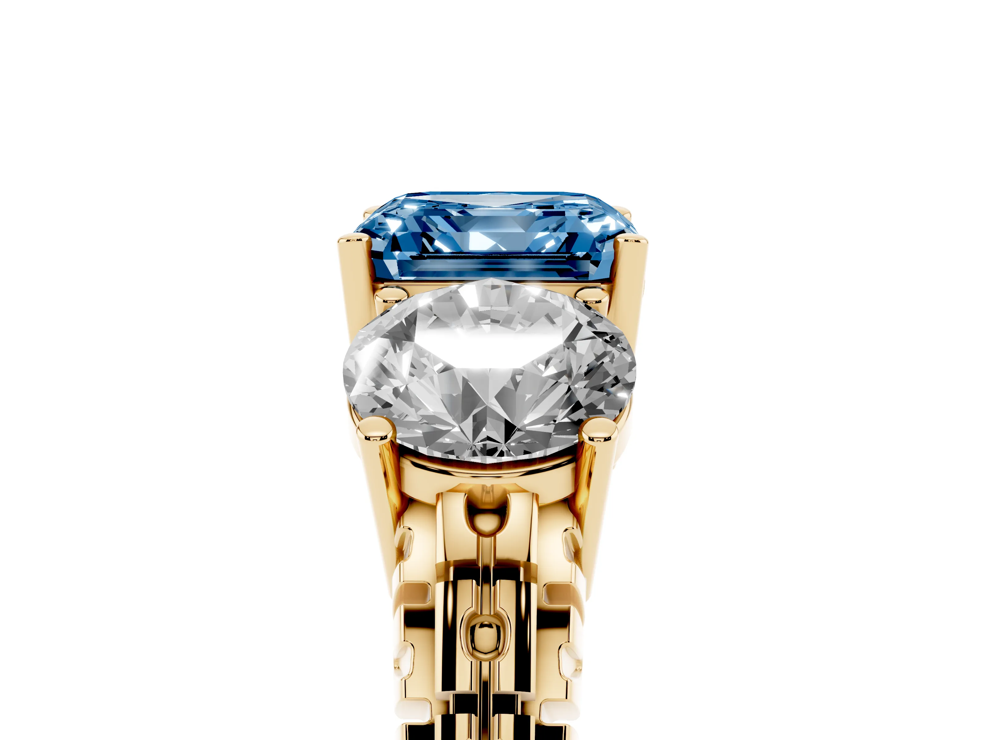 Fancy Blue Asscher Cut Diamond Three-Stone Ring Set in Yellow gold with Channel-Set Accent Band