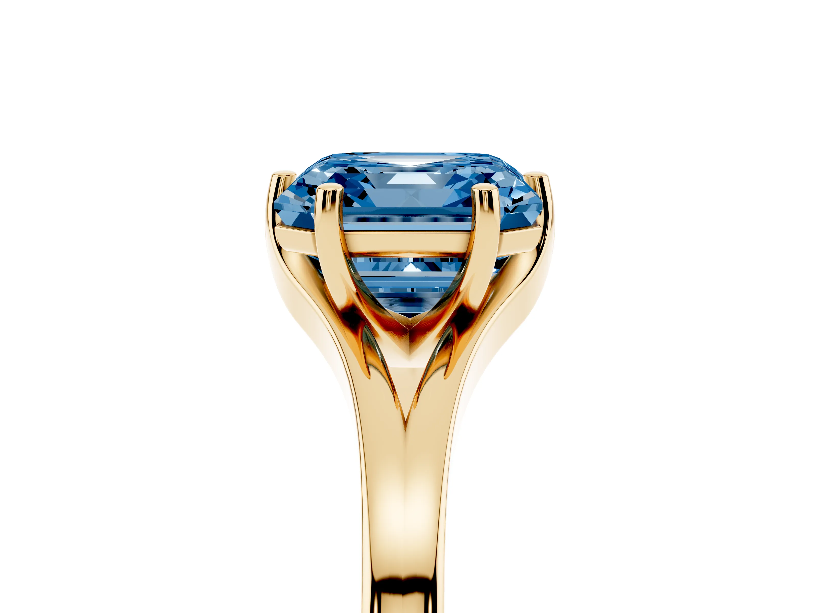 Fancy Blue Asscher Cut Diamond Solitaire Ring Set in Yellow gold with Polished Tapered Band and Prong Setting