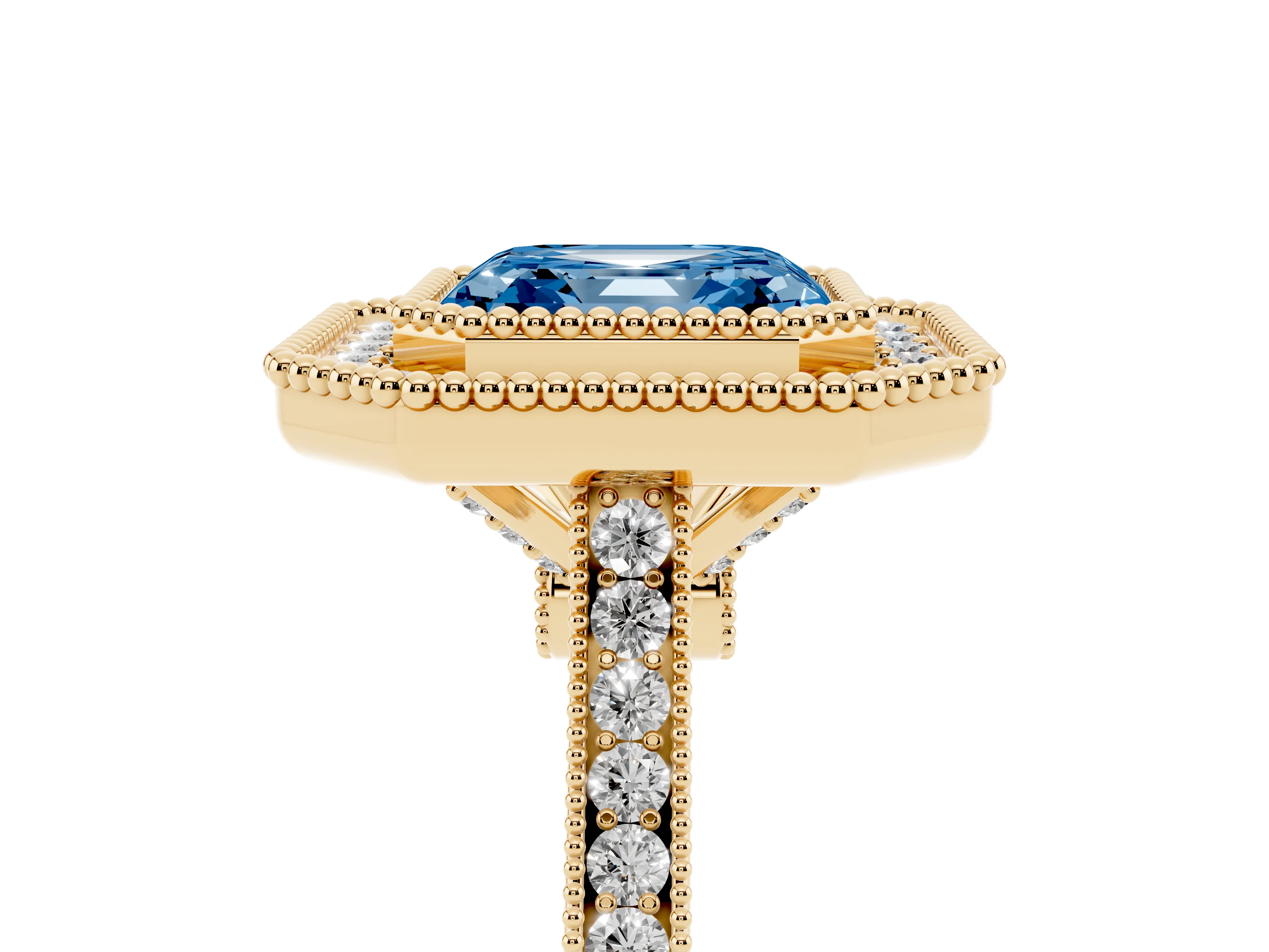 Fancy Blue Asscher Cut Diamond Halo Ring Set in Yellow gold with Milgrain Frame and Pavé Band