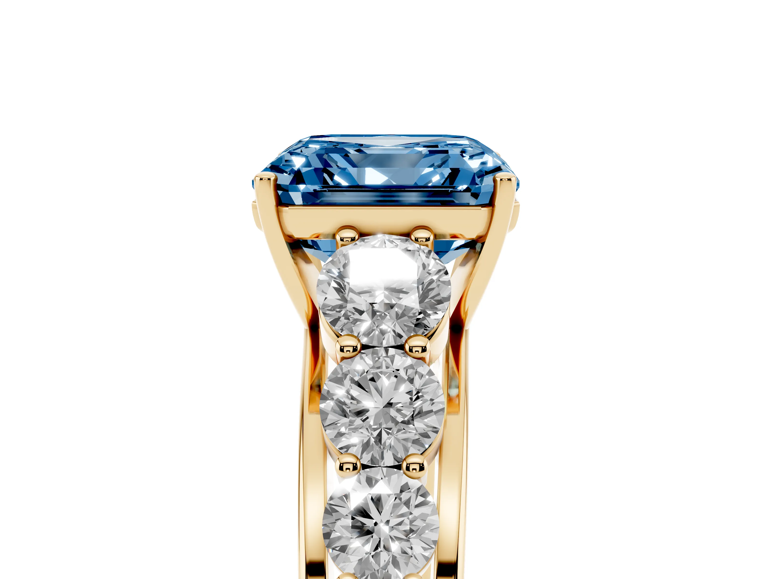Fancy Blue Asscher Cut Diamond Solitaire Ring Set in Yellow gold with Pavé-Set Band and Prong Setting