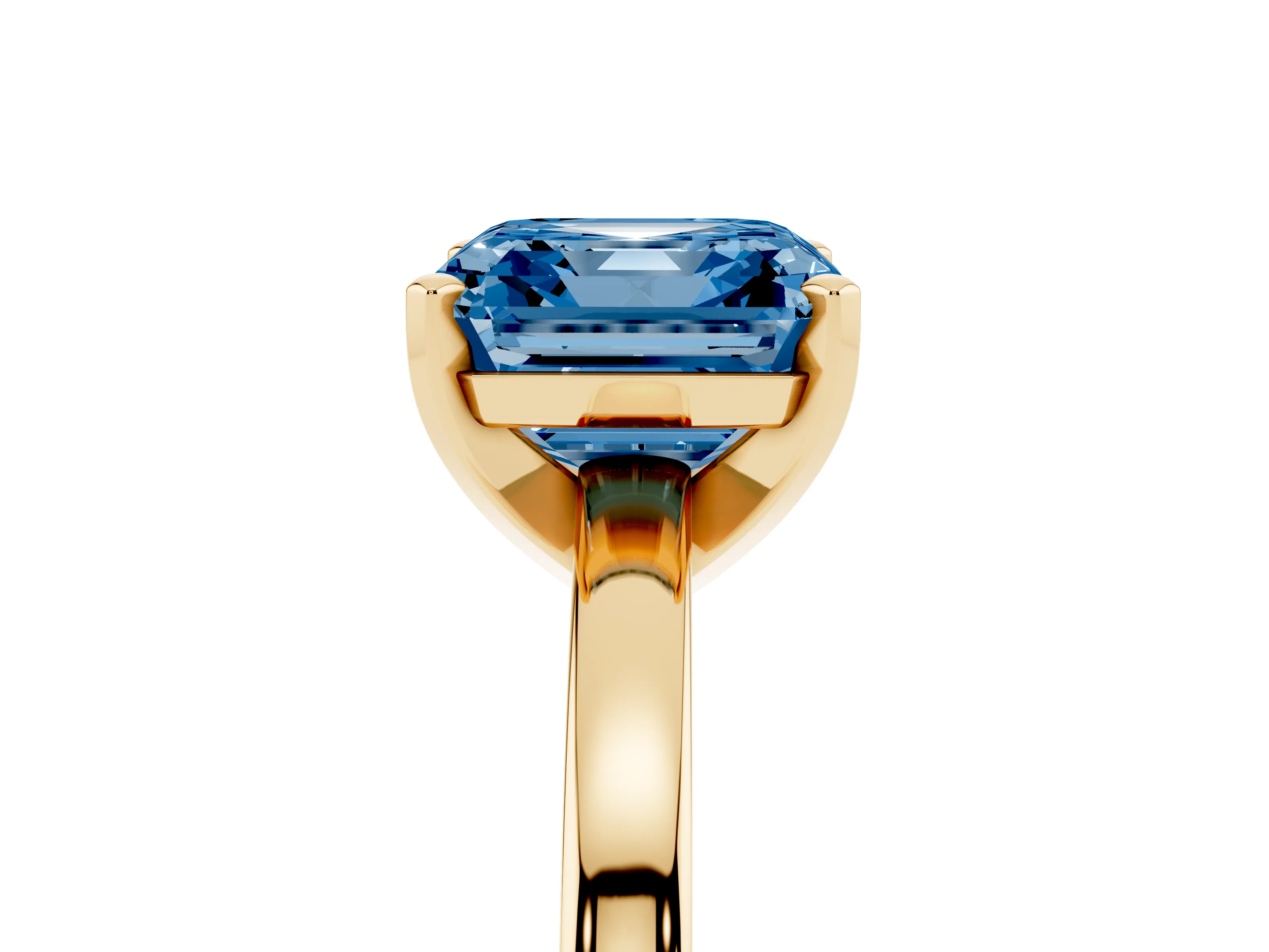 Fancy Blue Asscher Cut Diamond Solitaire Engagement Ring Set in Yellow gold with Prong Setting on a Classic Band