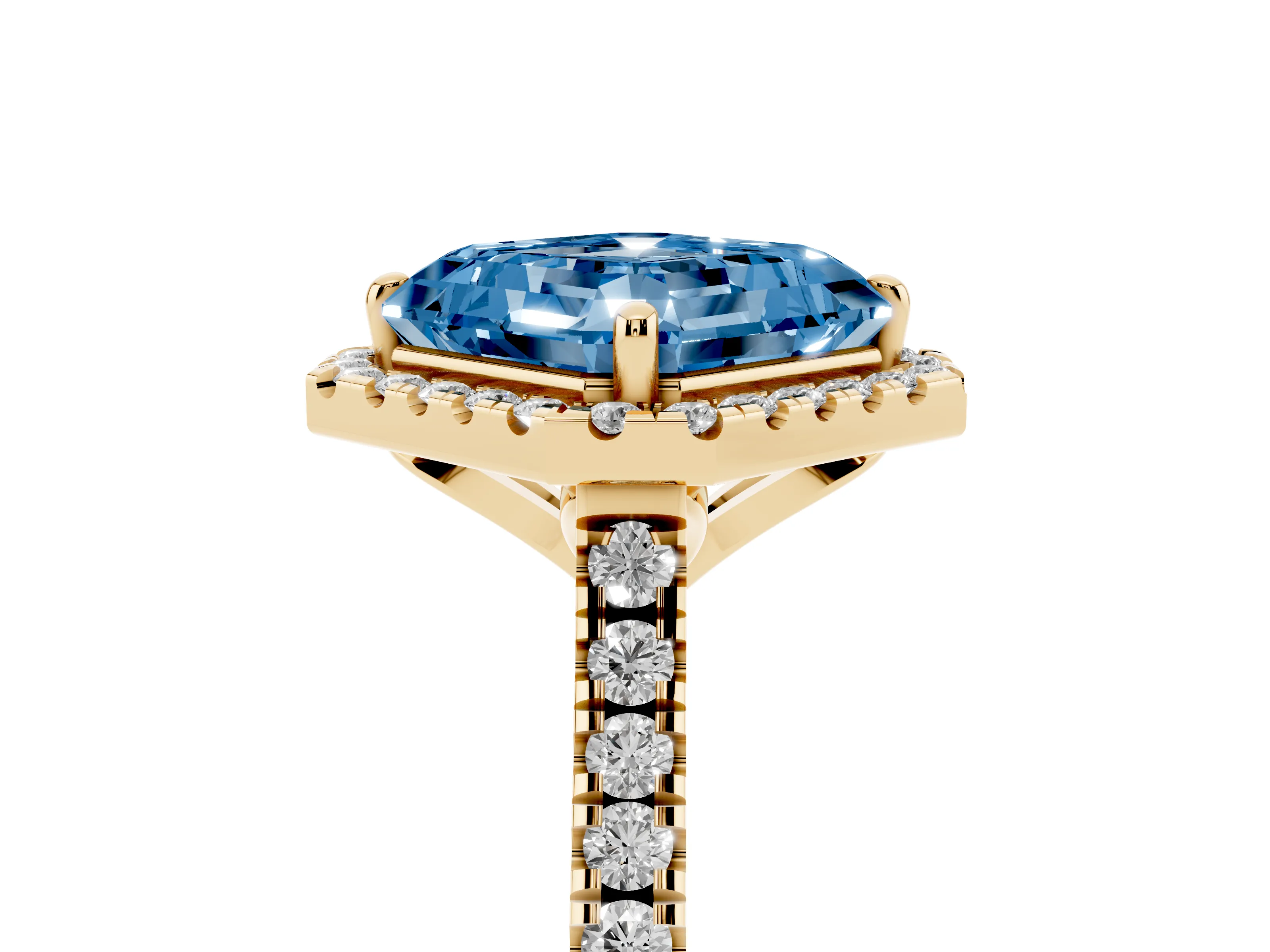 Fancy Blue Asscher Cut Diamond Cushion Halo Ring Set in Yellow gold with Pavé Band