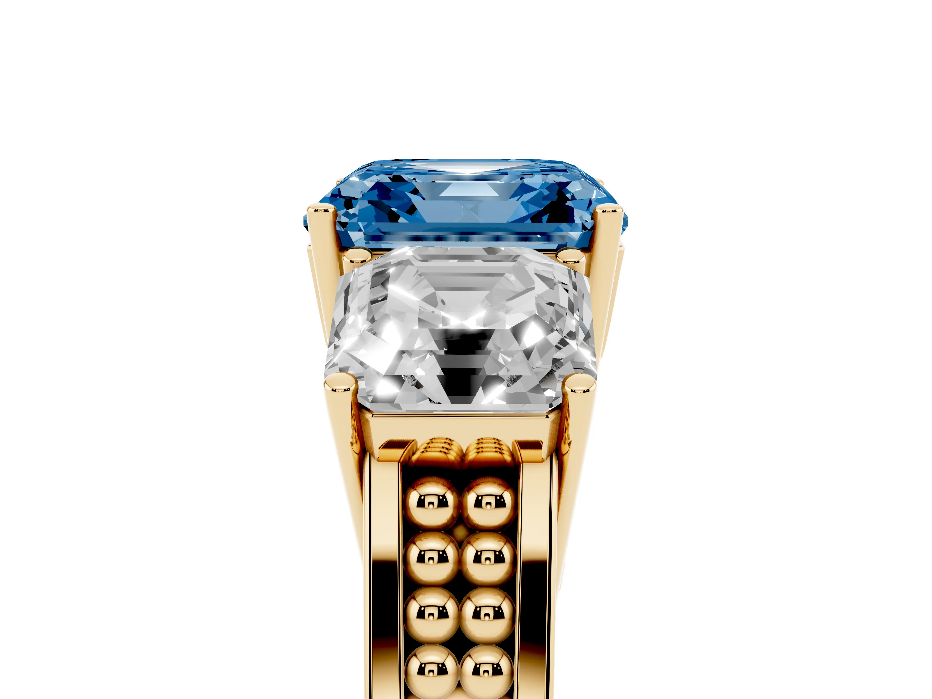 Fancy Blue Asscher Cut Diamond Three-Stone Ring Set in Yellow gold with Textured Band