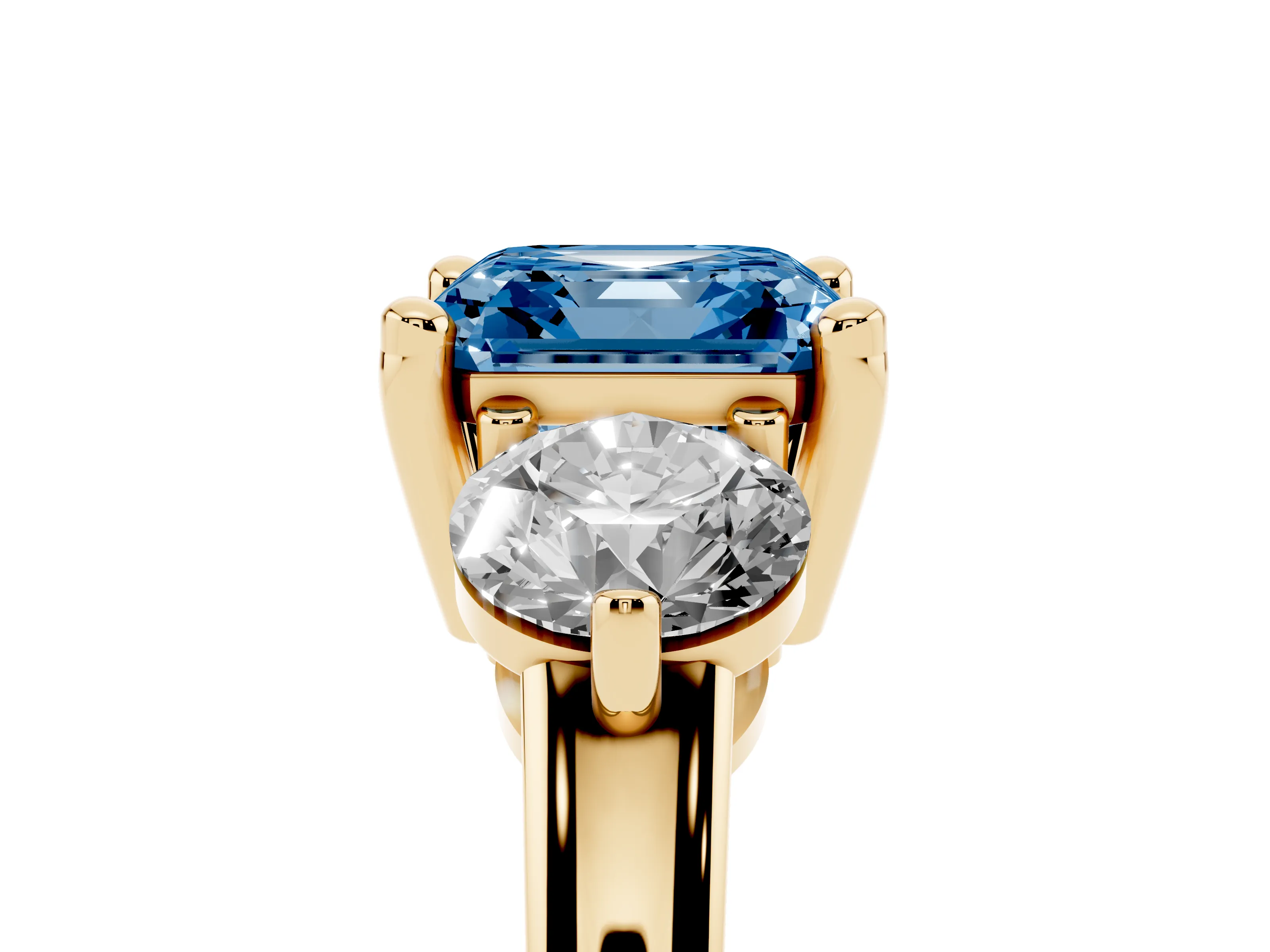 Fancy Blue Asscher Cut Diamond Three-Stone Ring Set in Yellow gold with Prong Setting and Classic Band