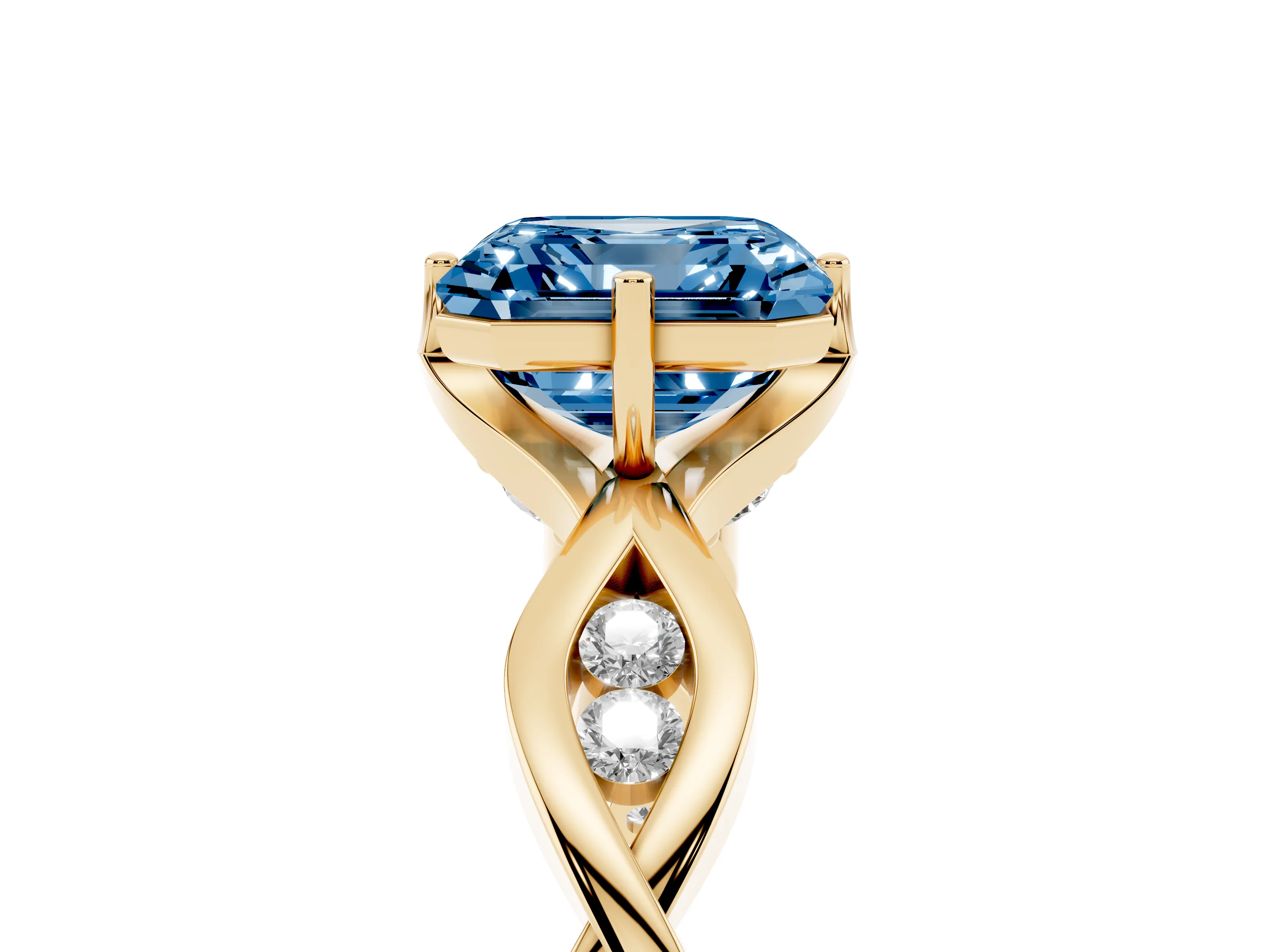 Fancy Blue Asscher Cut Diamond Twist Band Solitaire Ring Set in Yellow gold with Leaf Prong Setting and Accent Stones