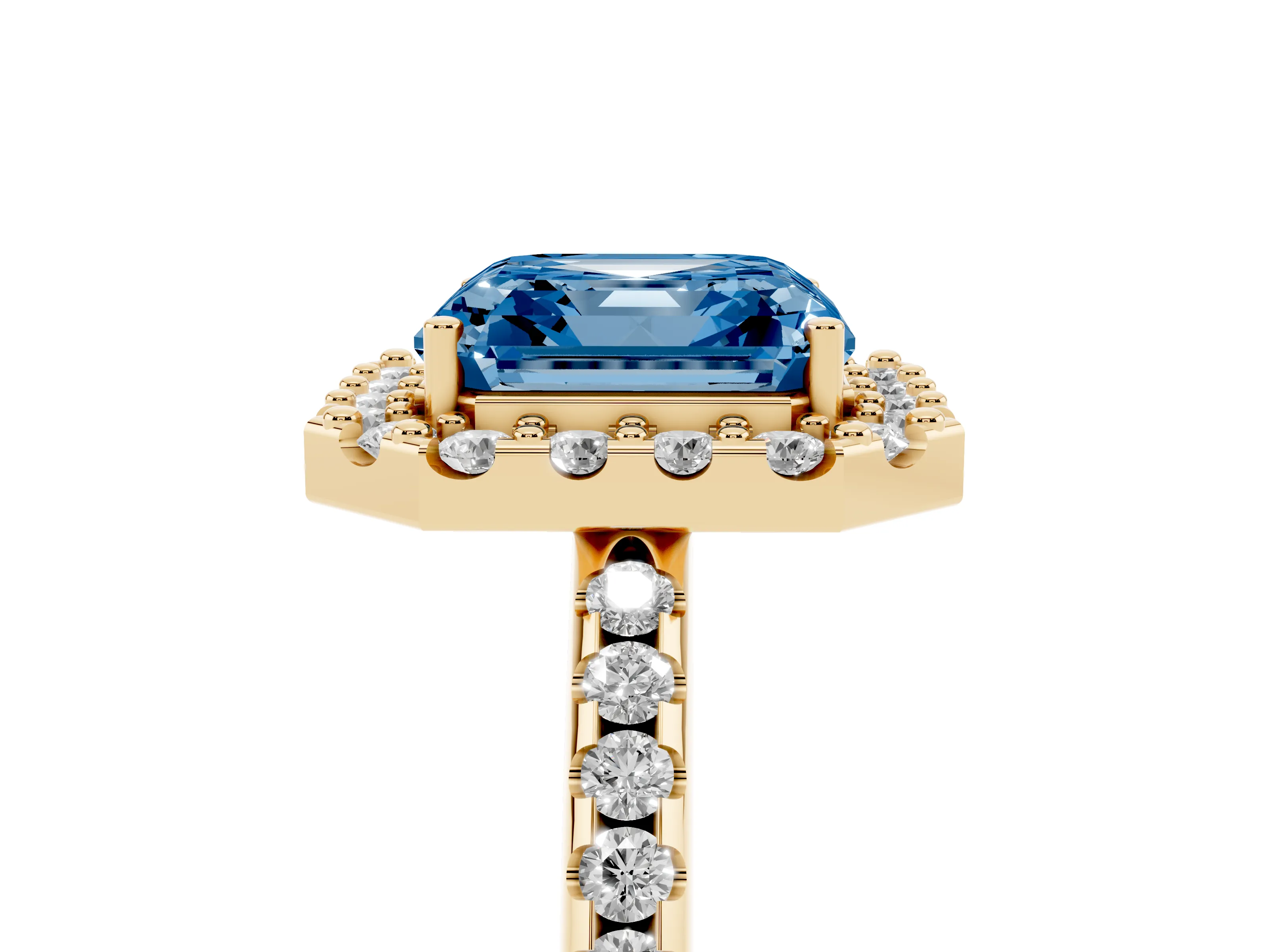 Fancy Blue Asscher Cut Diamond Pavé Halo Ring Set in Yellow gold with Prong Setting