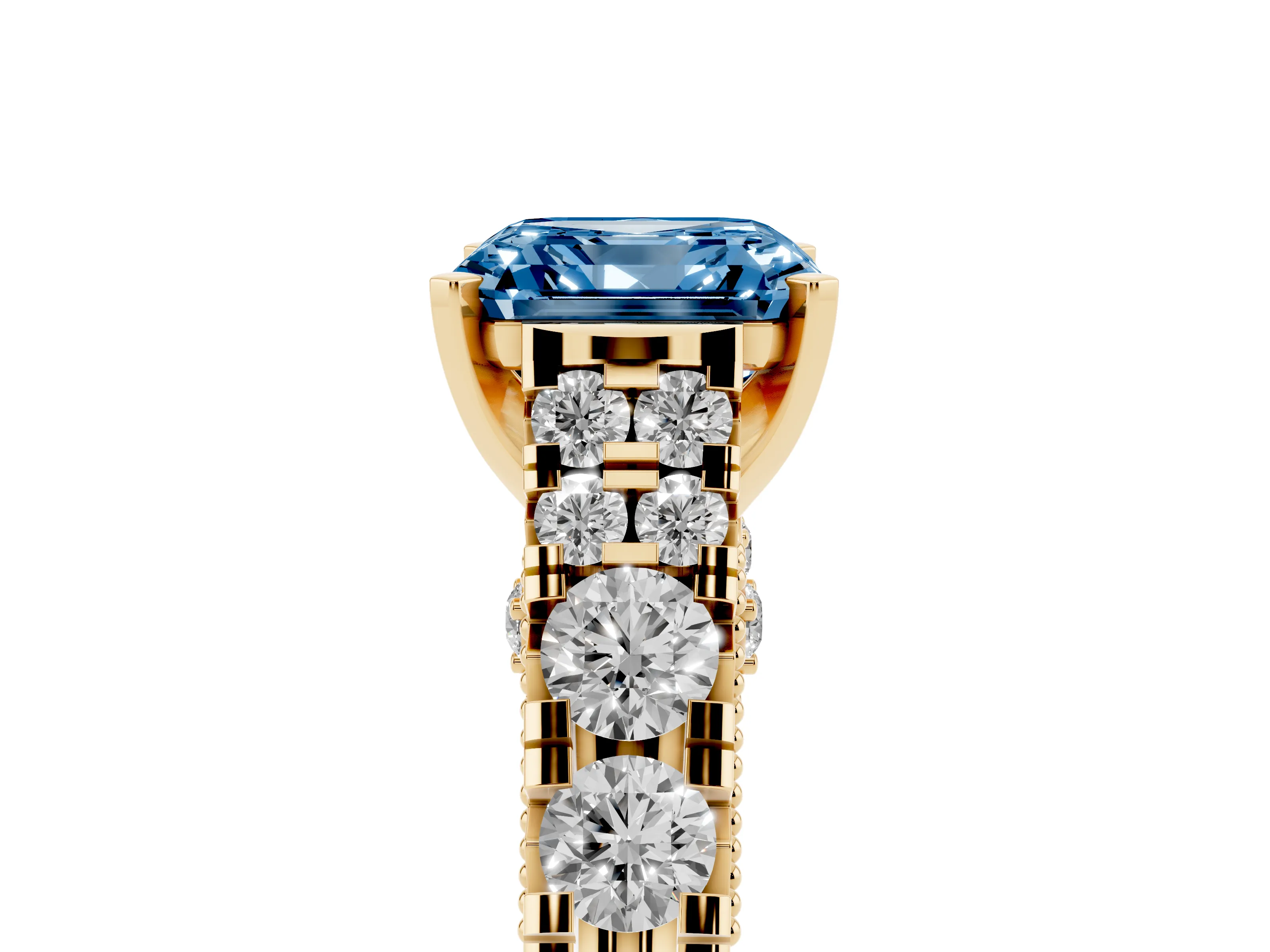 Fancy Blue Asscher Cut Diamond Classic Solitaire Ring Set in Yellow gold with Pavé Band and Prong Setting