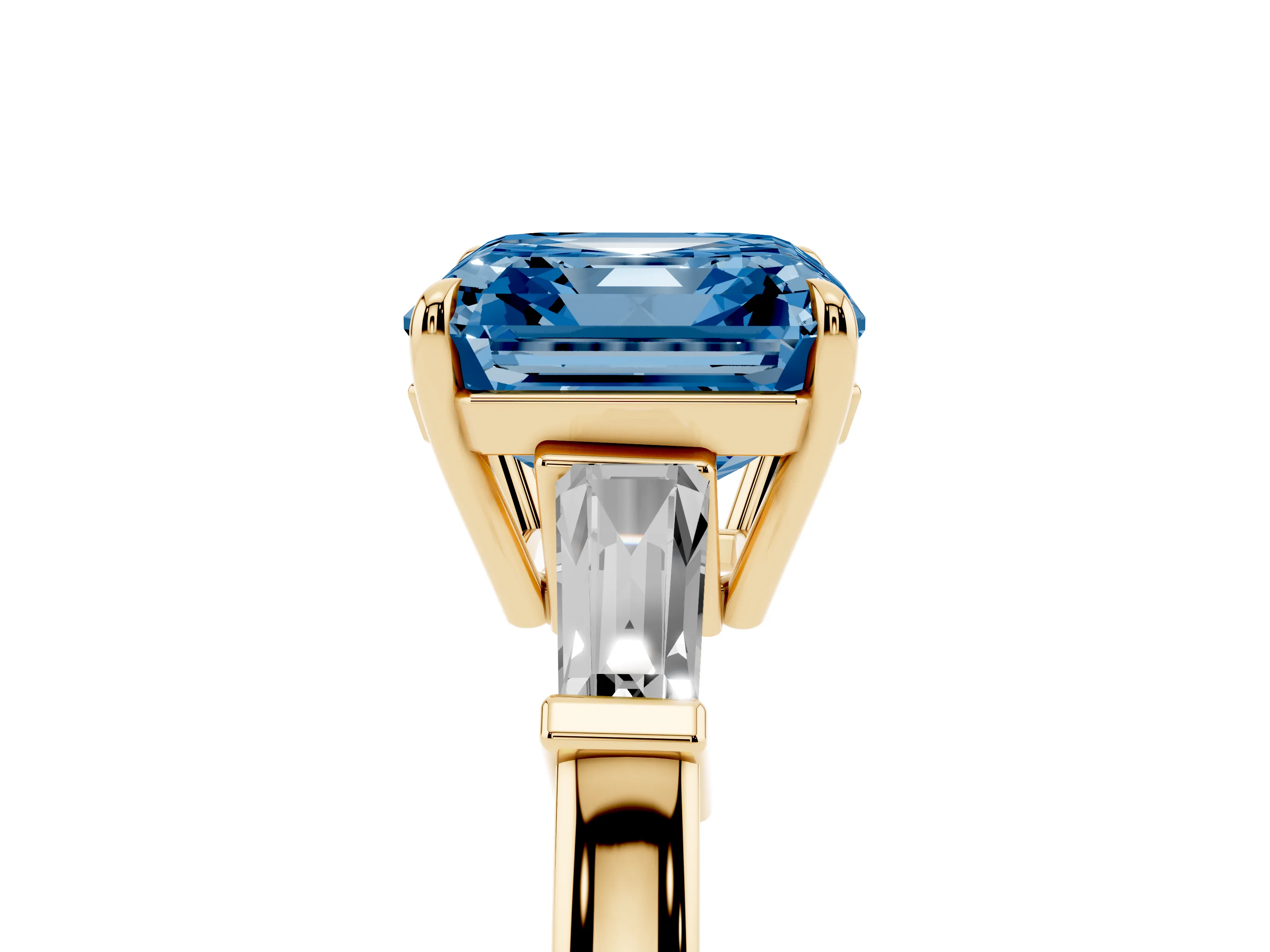 Fancy Blue Asscher Cut Diamond Three-Stone Ring Set in Yellow gold with Tapered Baguette Side Stones and Prong Setting