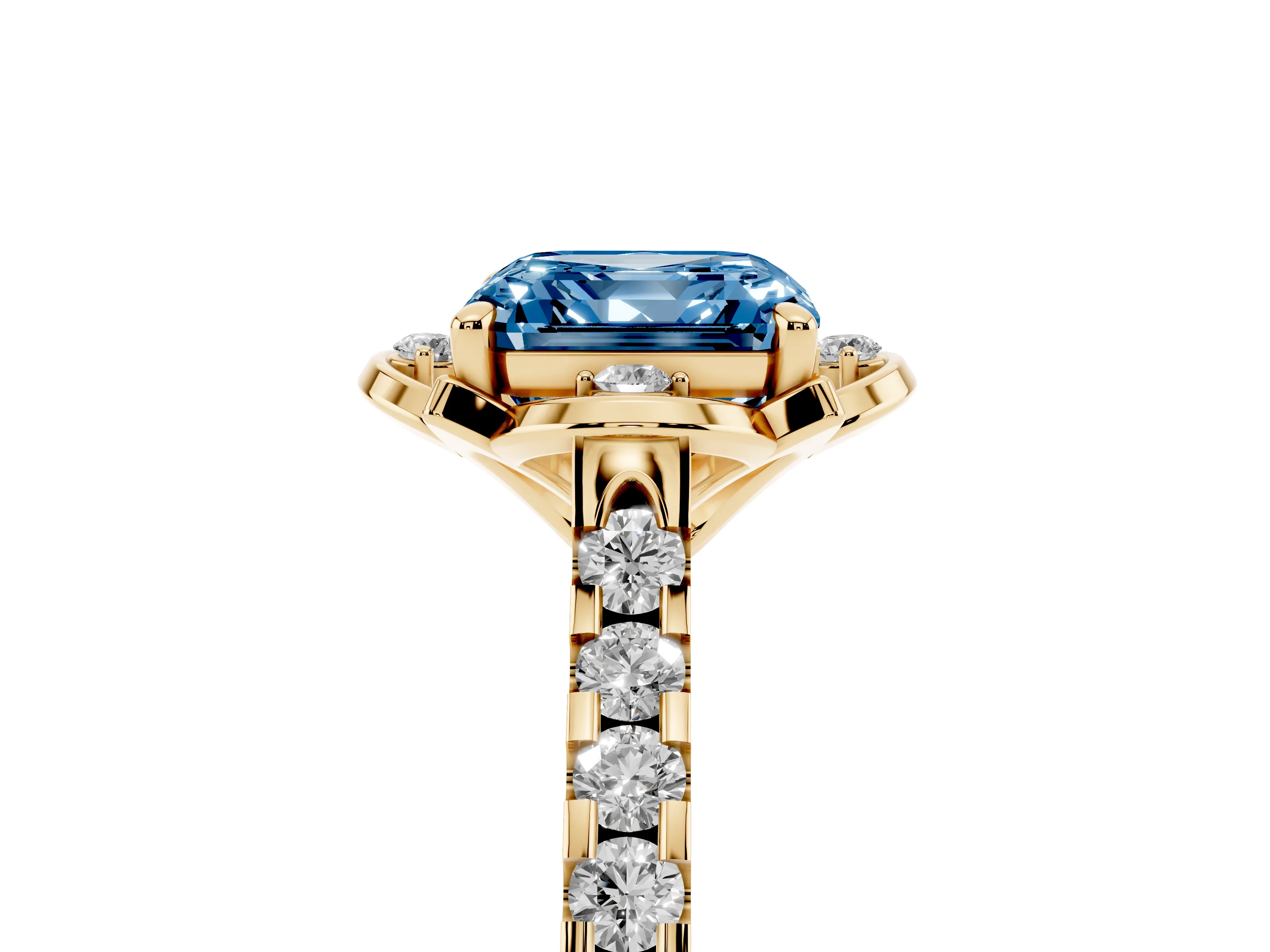 Fancy Blue Asscher Cut Diamond Solitaire Ring Set in Yellow gold with Pavé Band and Floral Prong Setting