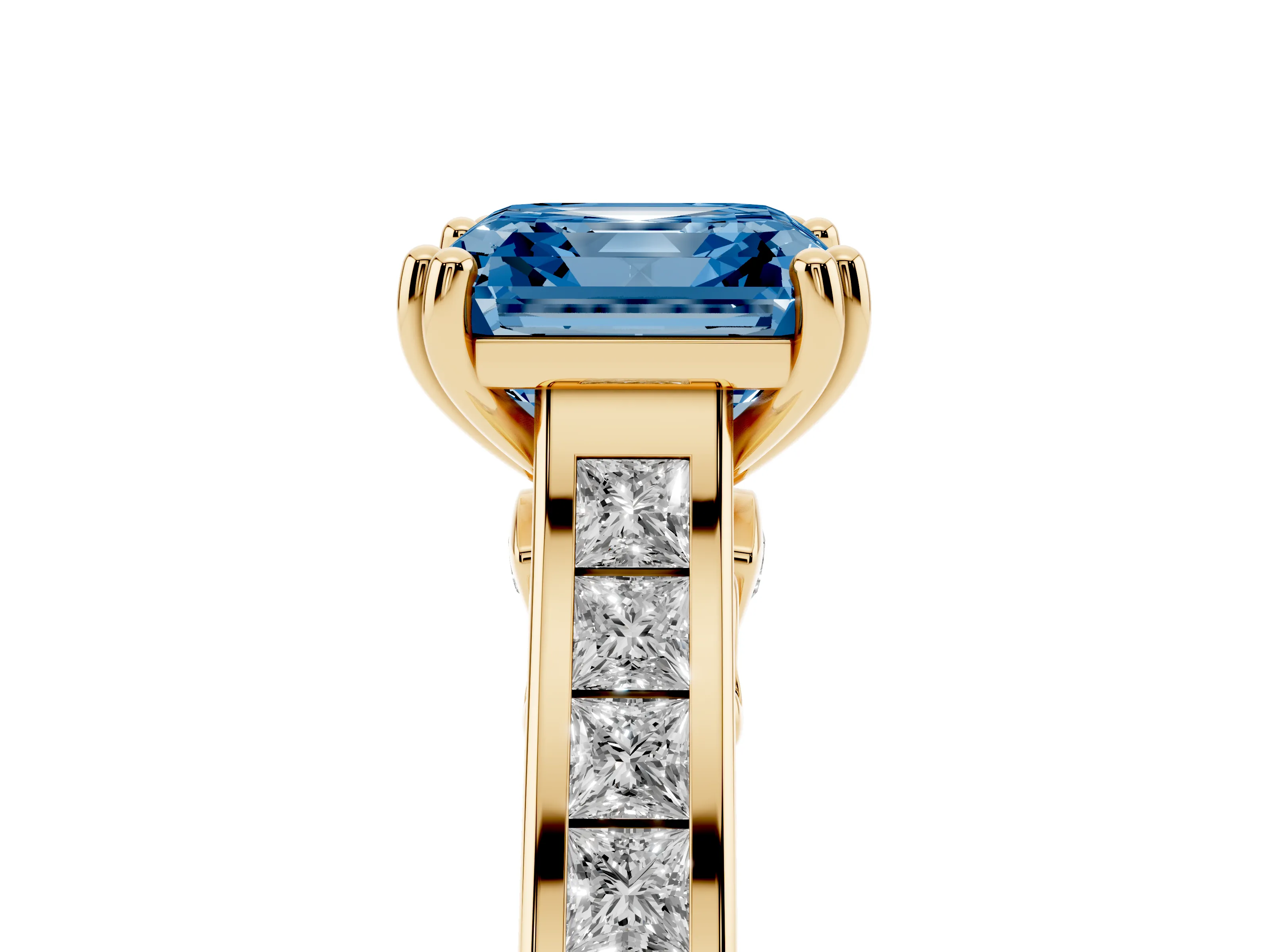 Fancy Blue Asscher Cut Diamond Channel Set Solitaire Engagement Ring Set in Yellow gold with Prong Setting