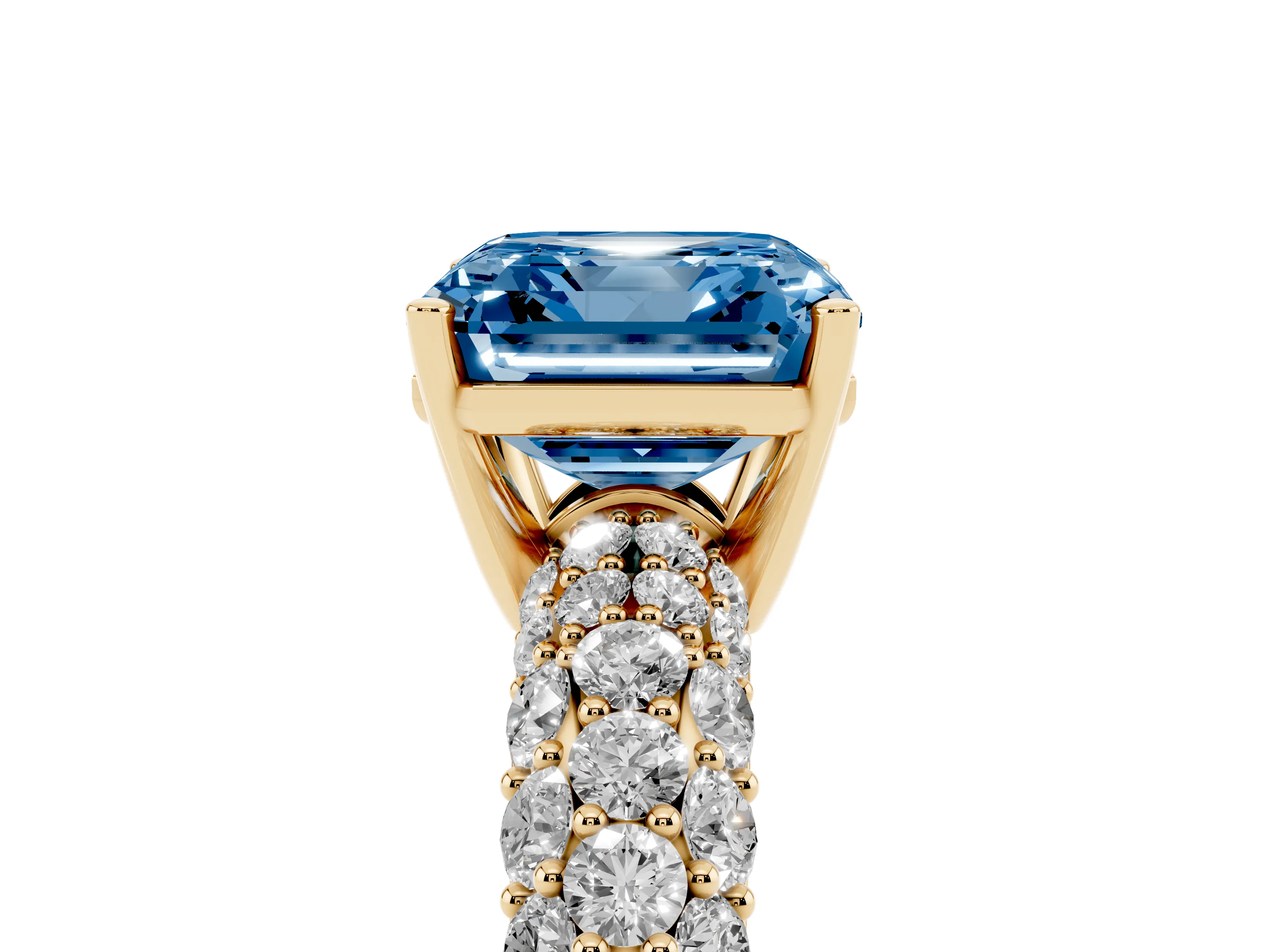 Fancy Blue Asscher Cut Diamond Pavé Band Solitaire Ring Set in Yellow gold with Close-Set Accent Stones and Prong Setting