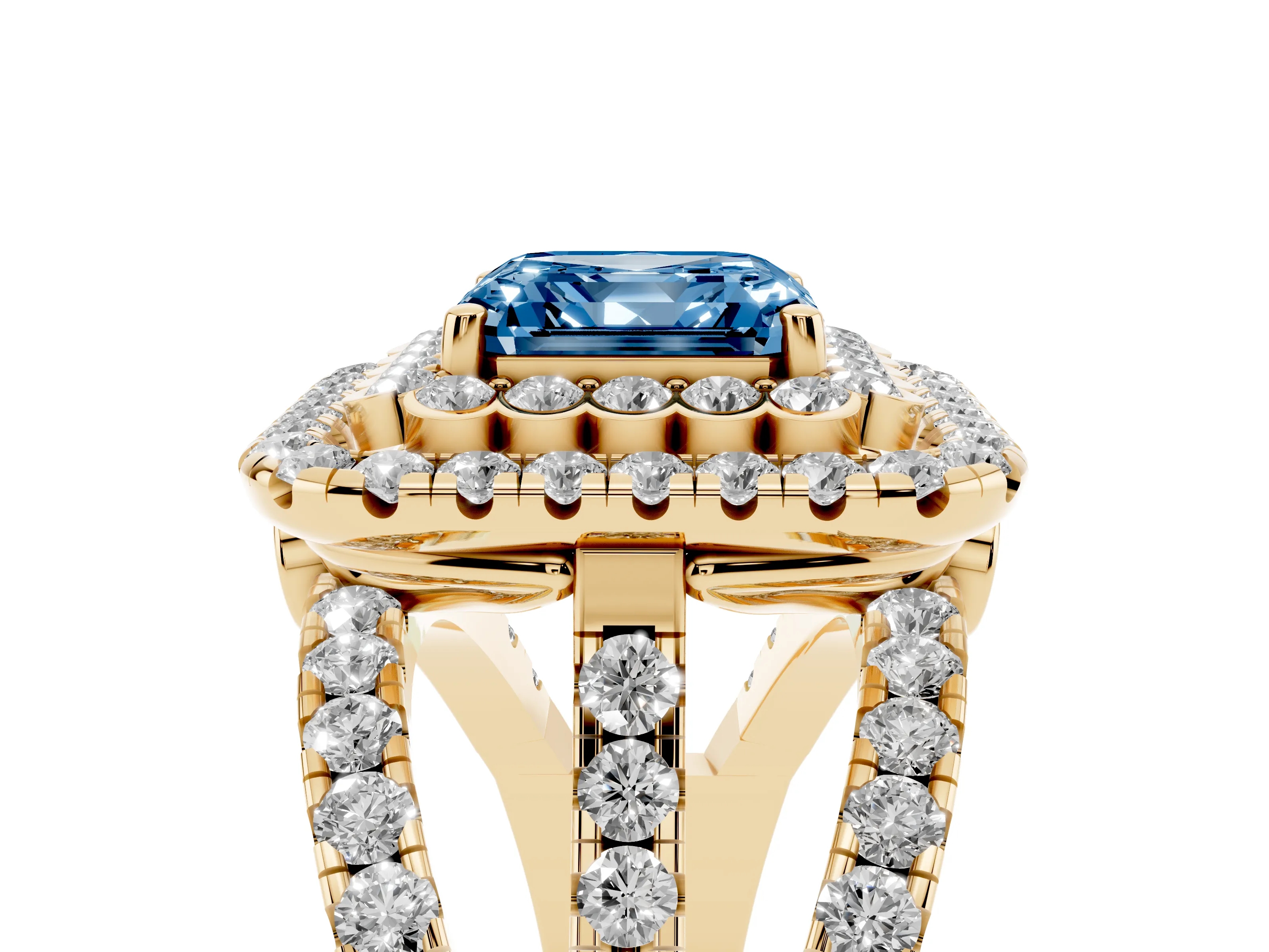 Fancy Blue Asscher Cut Diamond Double Halo Ring Set in Yellow gold with Round Pavé Split Shank