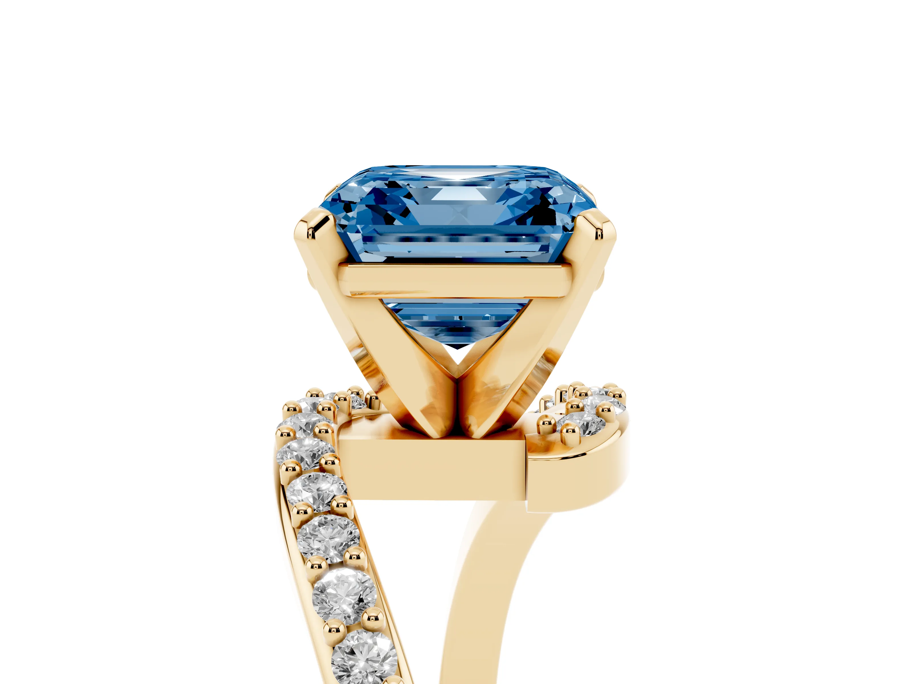 Fancy Blue Asscher Cut Diamond Solitaire Ring Set in Yellow gold with Pavé Twist Band and Prong Setting