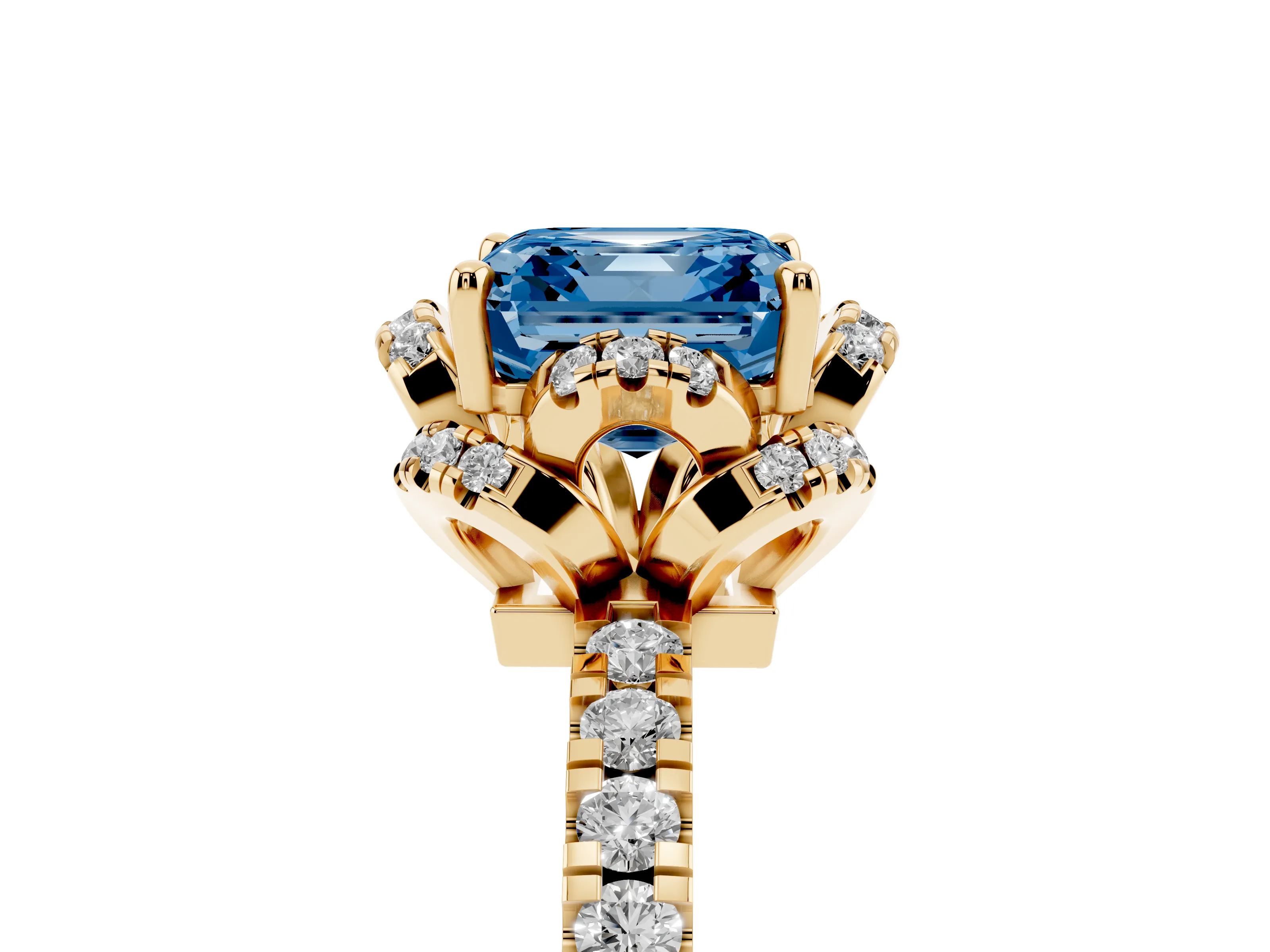 Fancy Blue Asscher Cut Diamond Halo Pavé Ring Set in Yellow gold with Prong-Held Center Stone