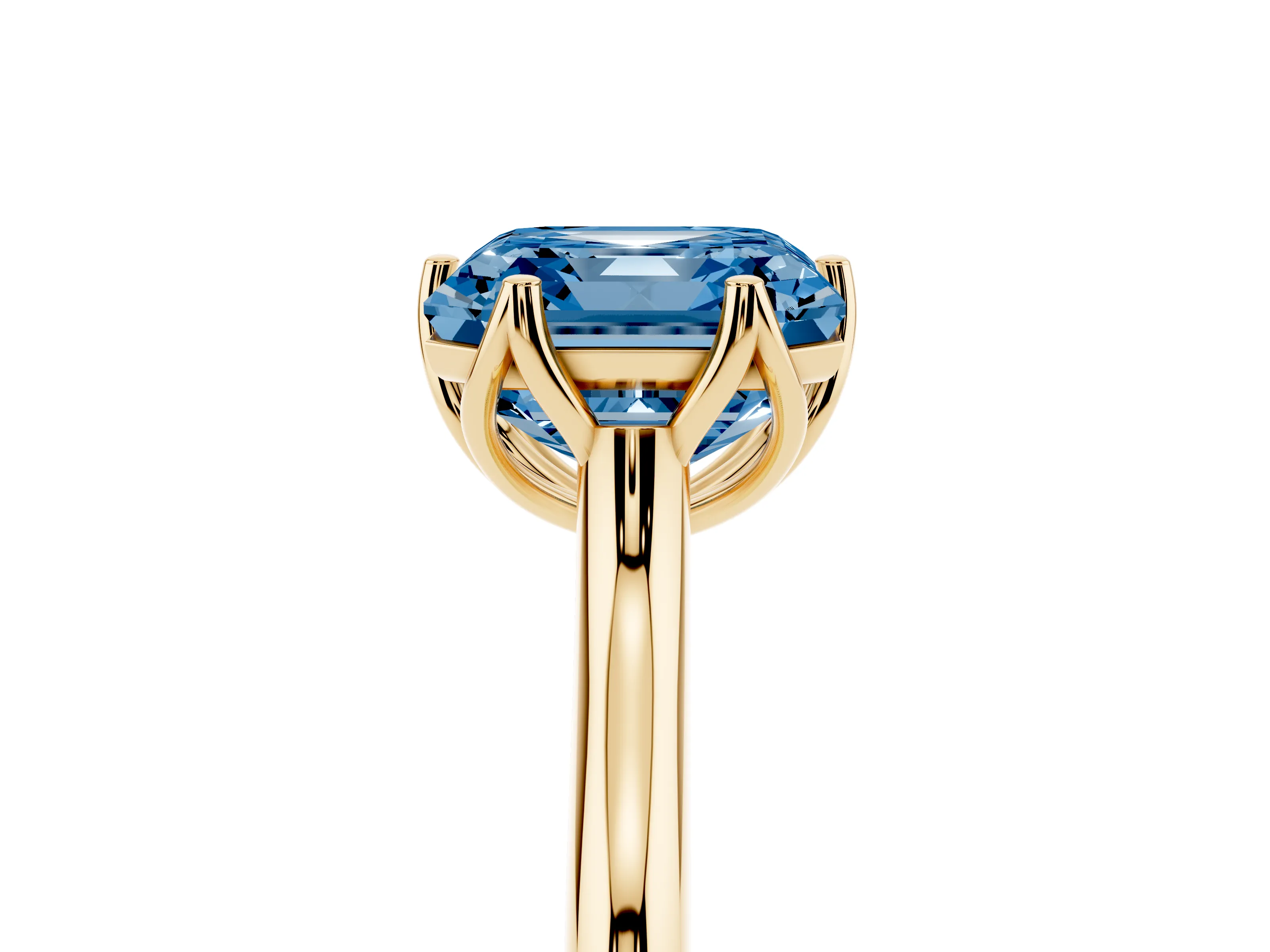 Fancy Blue Asscher Cut Diamond Solitaire Cathedral Ring Set in Yellow gold with Prong Setting