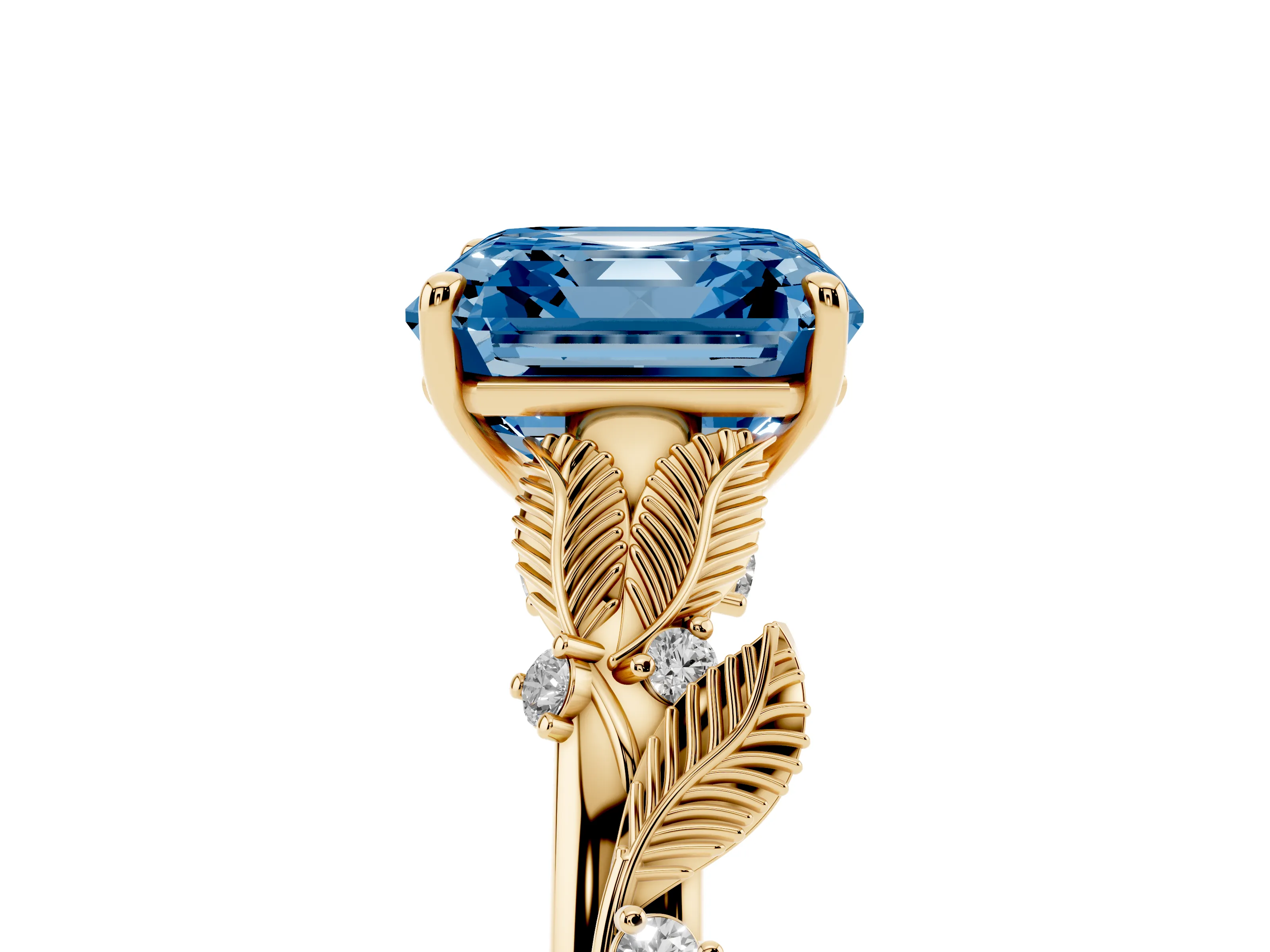 Fancy Blue Asscher Cut Diamond Solitaire Ring Set in Yellow gold with Leaf Motif Band
