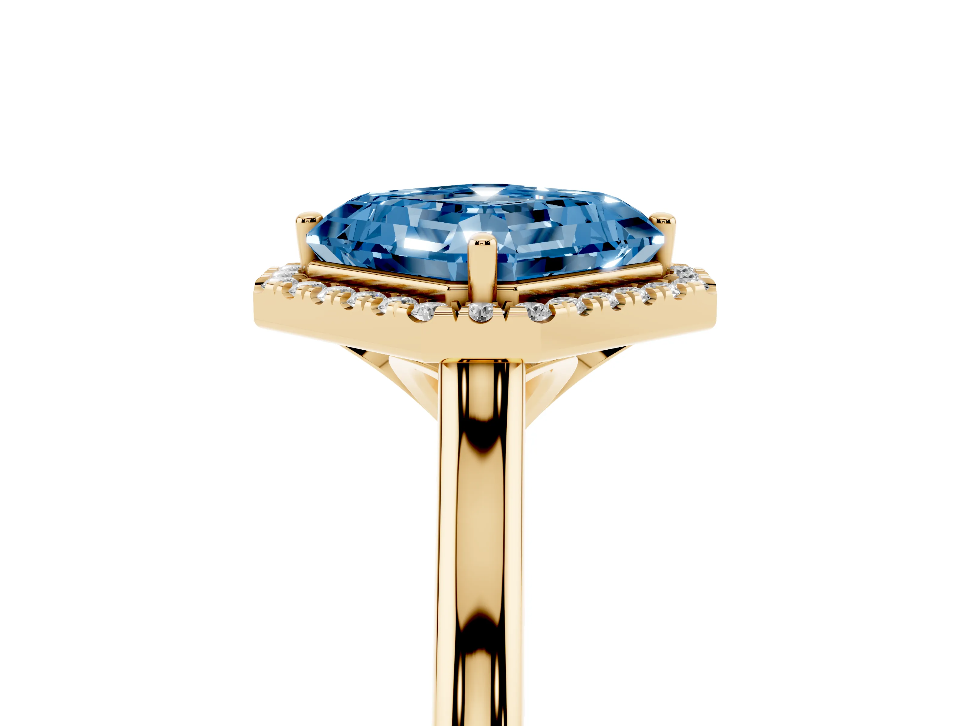 Fancy Blue Asscher Cut Diamond Halo Engagement Ring Set in Yellow gold with Pavé Band and Rising Shoulders