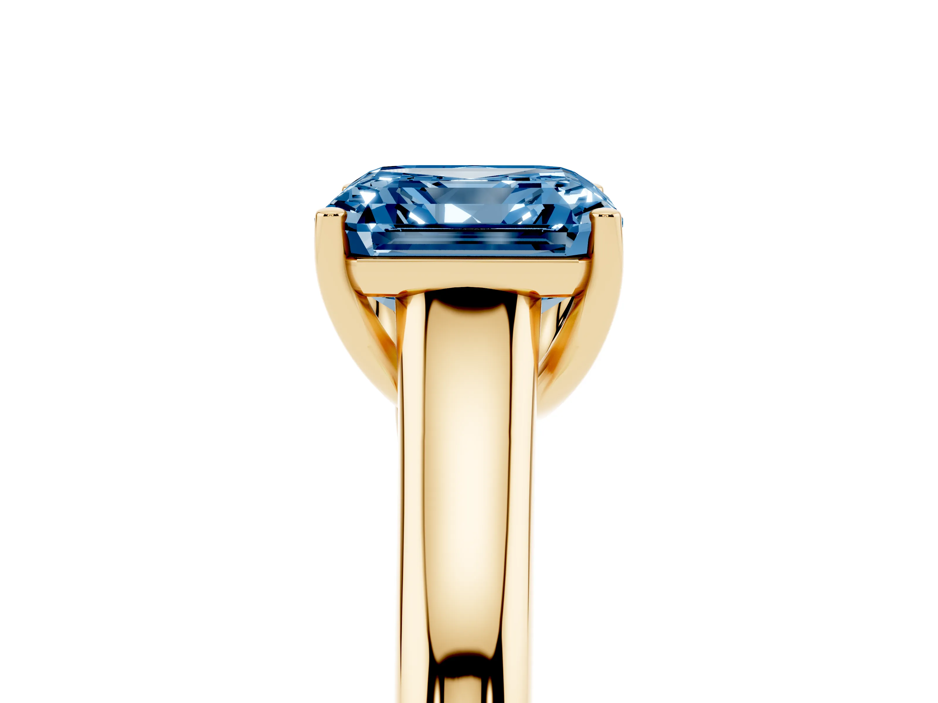 Fancy Blue Asscher Cut Diamond Solitaire Engagement Ring Set in Yellow gold with Subtly Tapered Band and Prong Setting