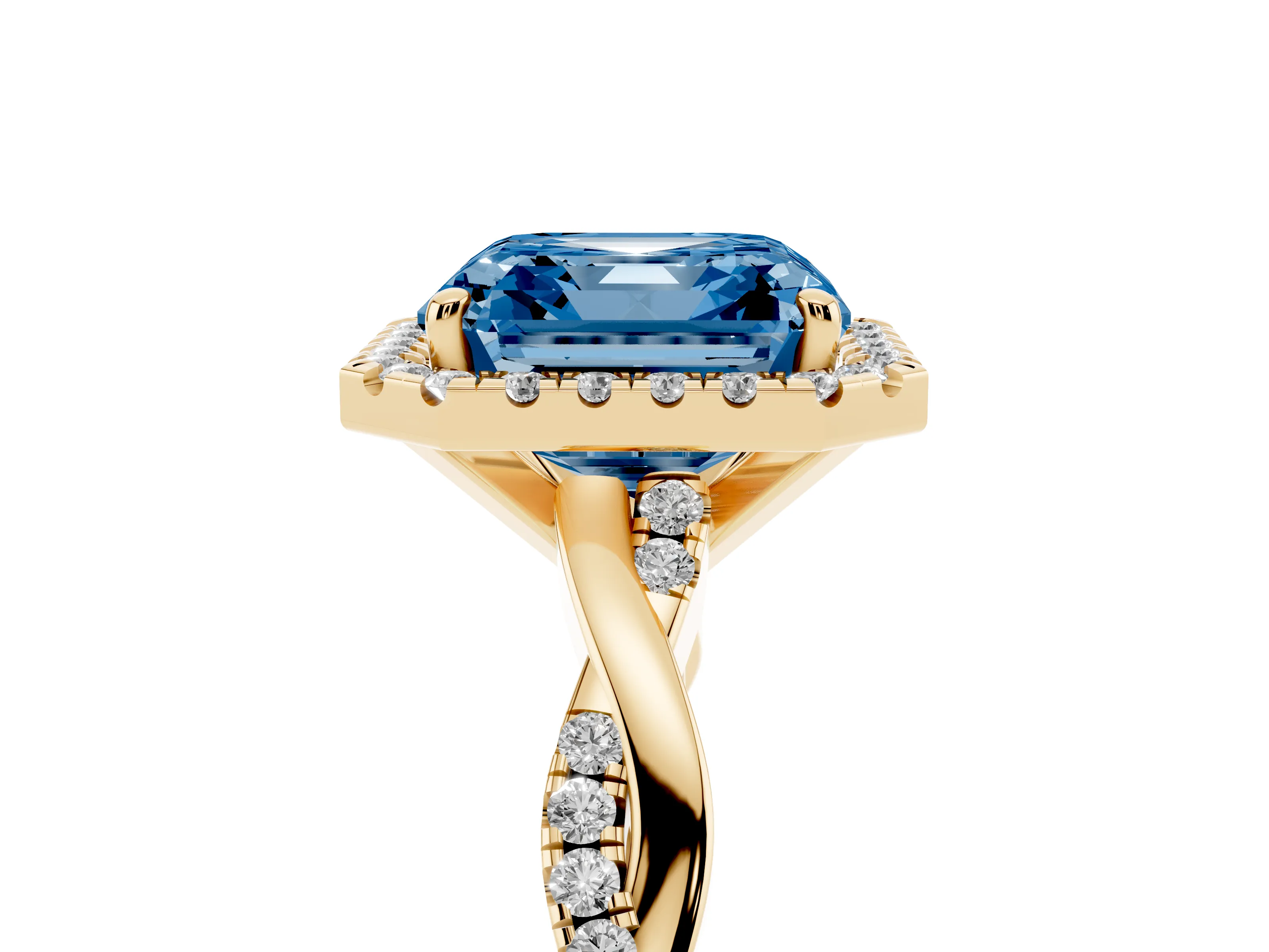 Fancy Blue Asscher Cut Diamond Halo Twisted Band Ring Set in Yellow gold with Prong Setting