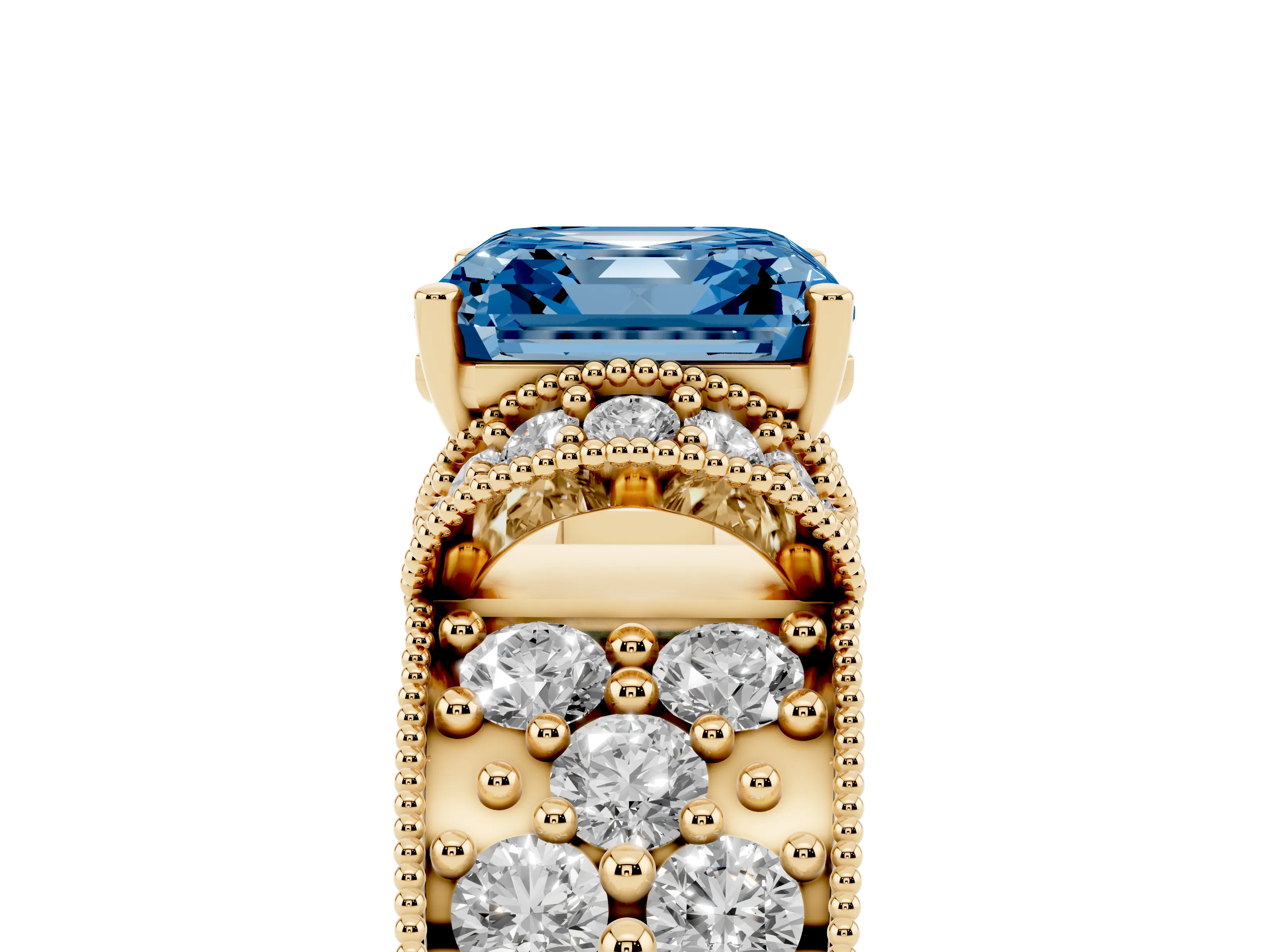 Fancy Blue Asscher Cut Diamond Milgrain Halo Pavé Engagement Ring Set in Yellow gold with Prong Setting