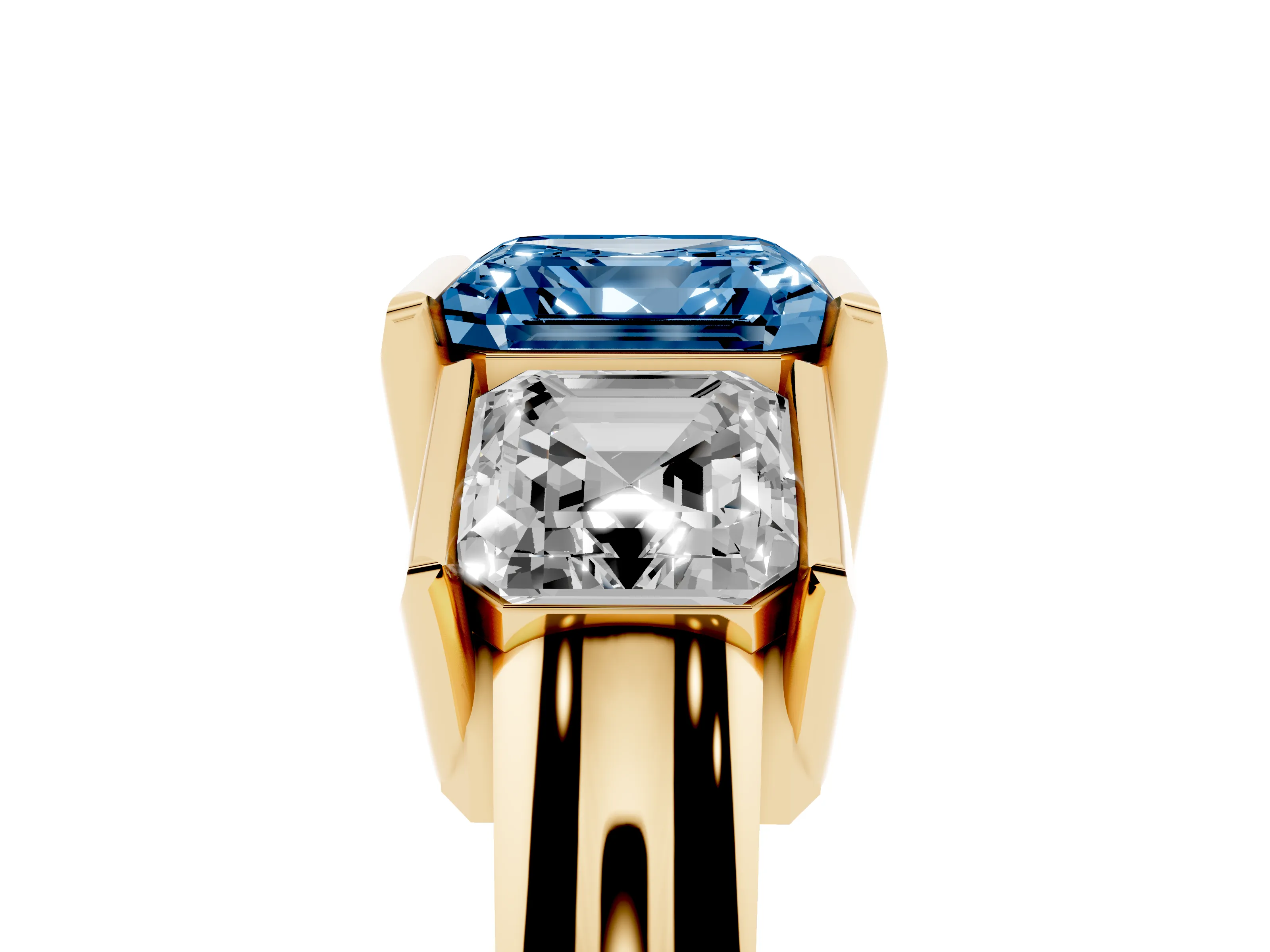 Fancy Blue Asscher Cut Diamond Three-Stone Channel Set Ring Set in Yellow gold with Smooth Polished Band
