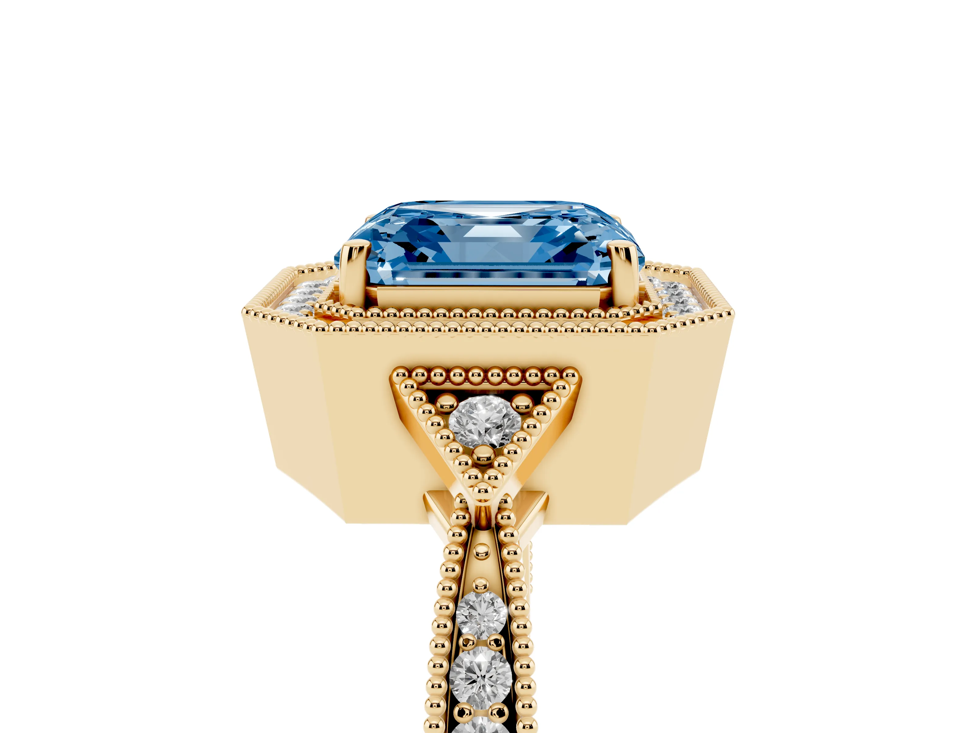 Fancy Blue Asscher Cut Diamond Halo Engagement Ring Set in Yellow gold with Milgrain Pavé Band
