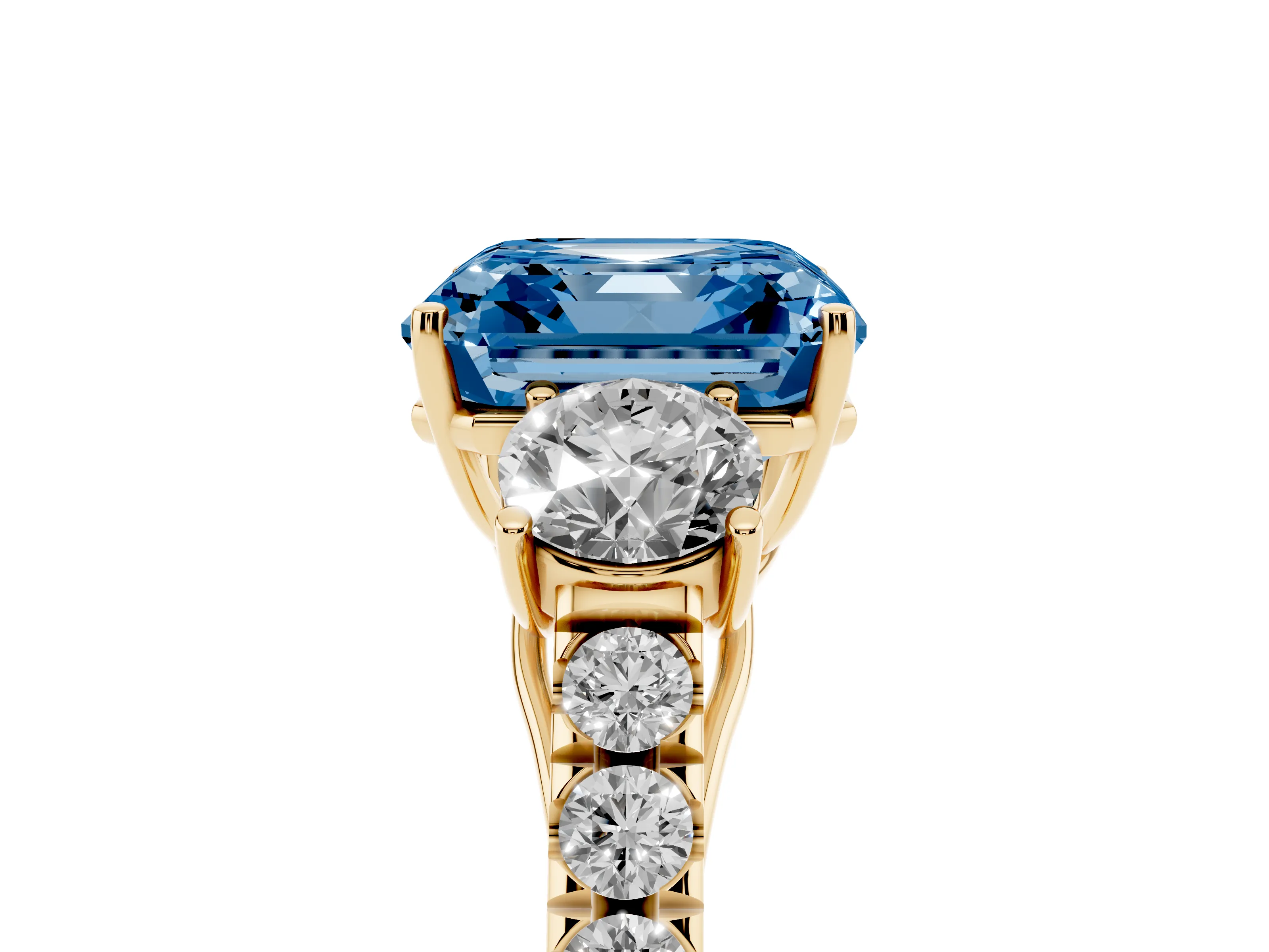 Fancy Blue Asscher Cut Diamond Three-Stone Ring Set in Yellow gold with Round Side Stones and Delicate Pavé Band