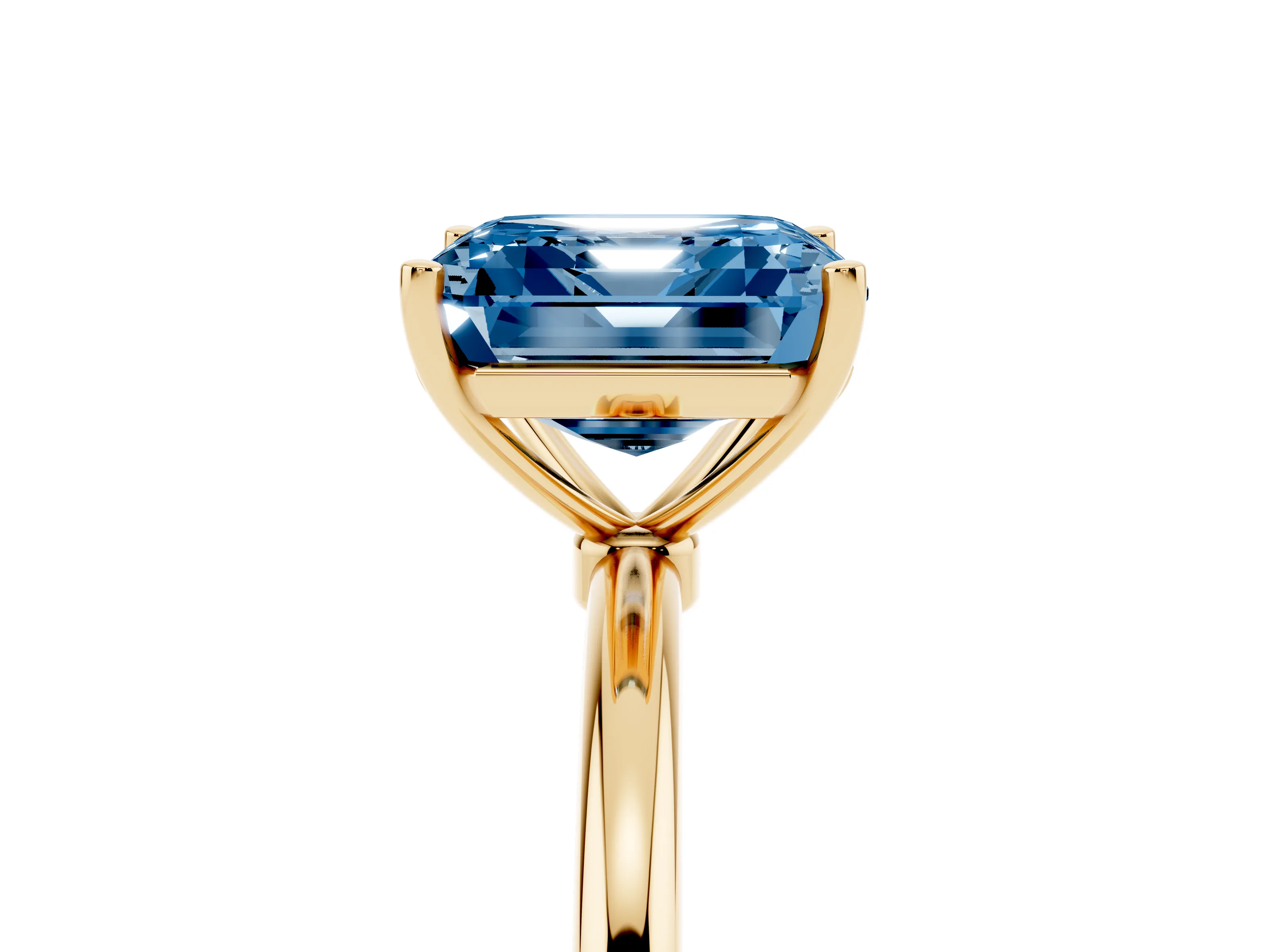 Fancy Blue Asscher Cut Diamond Solitaire Engagement Ring Set in Yellow gold with Thin Band and Prong Setting