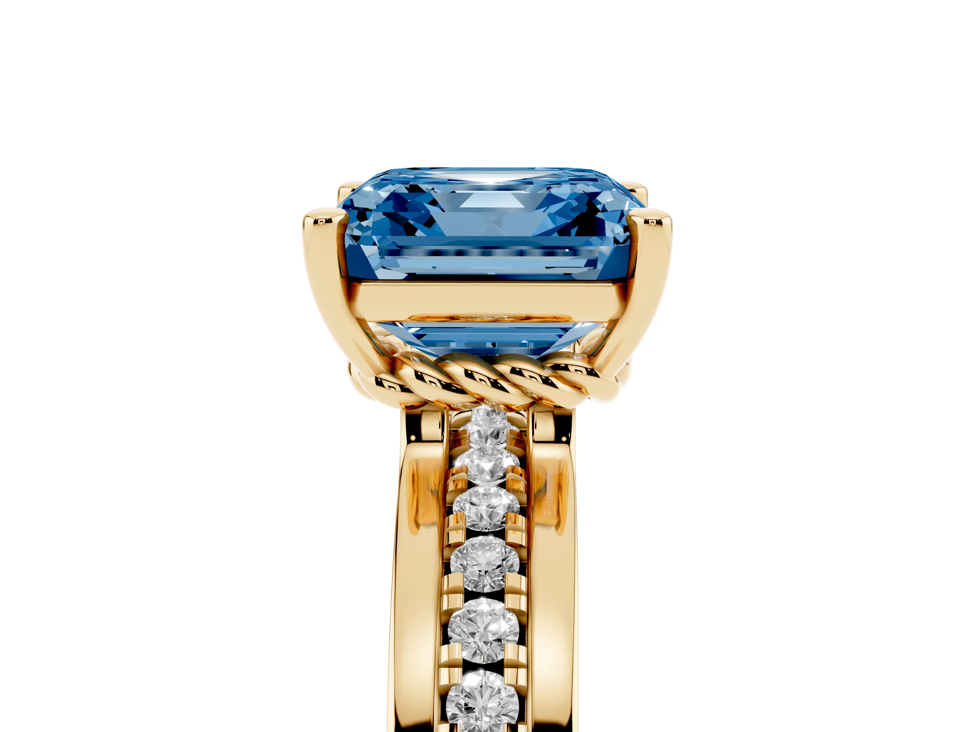 Fancy Blue Asscher Cut Diamond Solitaire Ring Set in Yellow gold with Channel Set Band and Prong Setting