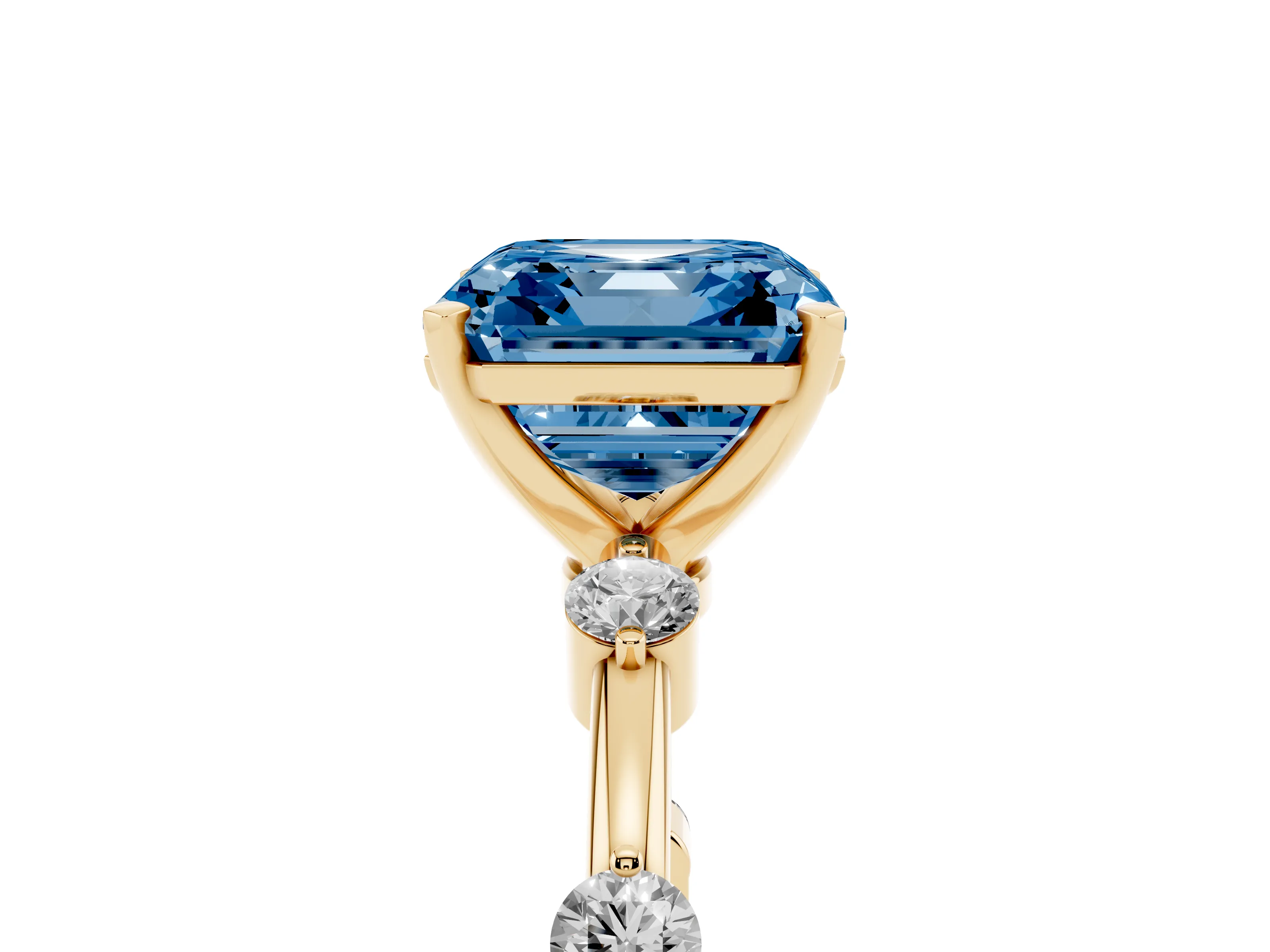 Fancy Blue Asscher Cut Diamond Solitaire Ring Set in Yellow gold with Bezel Set Side Stones and Prong Setting