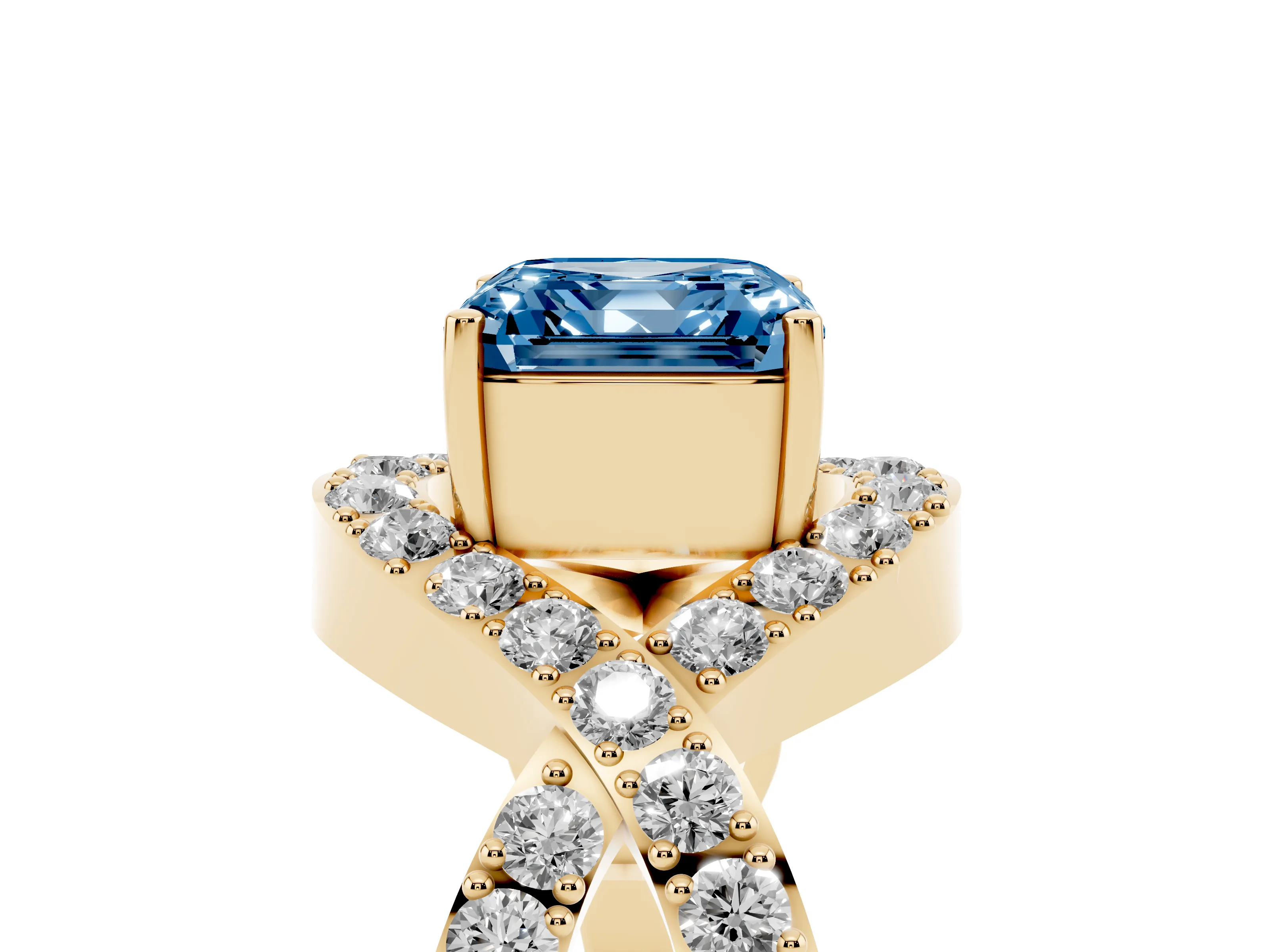 Fancy Blue Asscher Cut Diamond Solitaire Twist Band Pavé Engagement Ring Set in Yellow gold