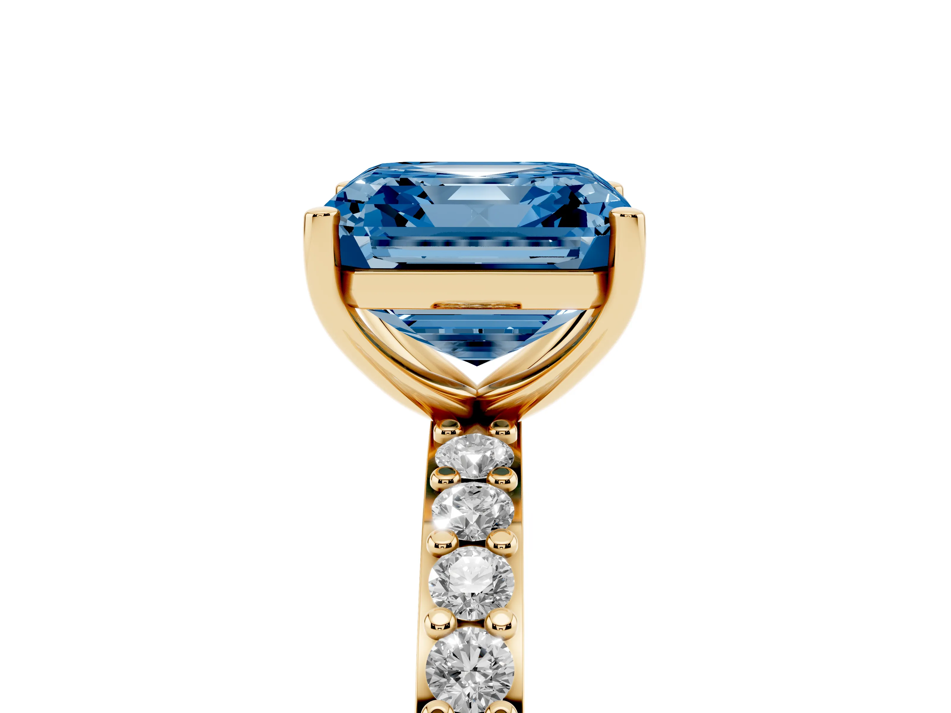 Fancy Blue Asscher Cut Diamond Solitaire Set in Yellow gold with Round Pavé Band and Prong Setting