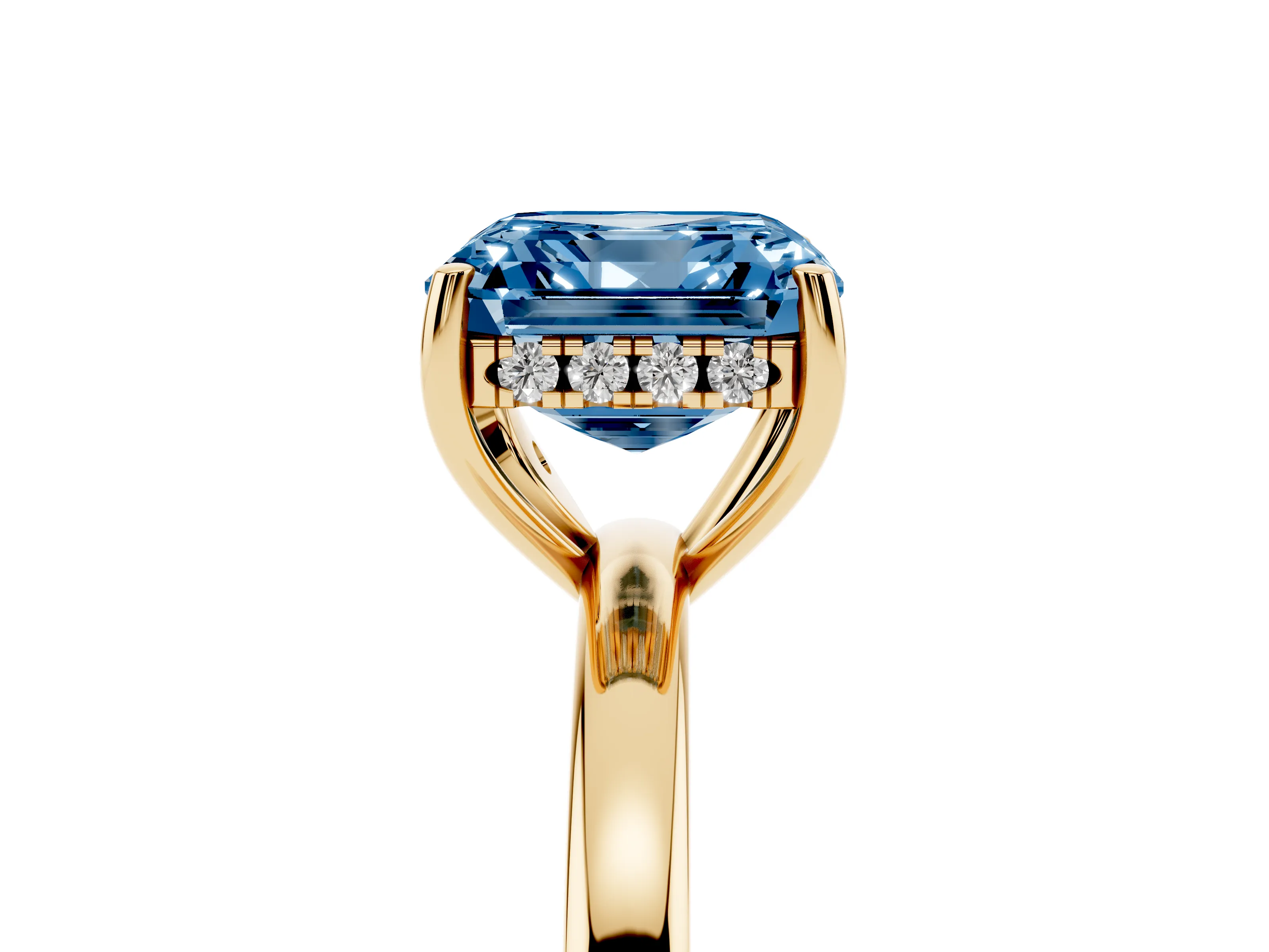 Fancy Blue Asscher Cut Diamond Solitaire Ring Set in Yellow gold with Plain Band and Prong Setting