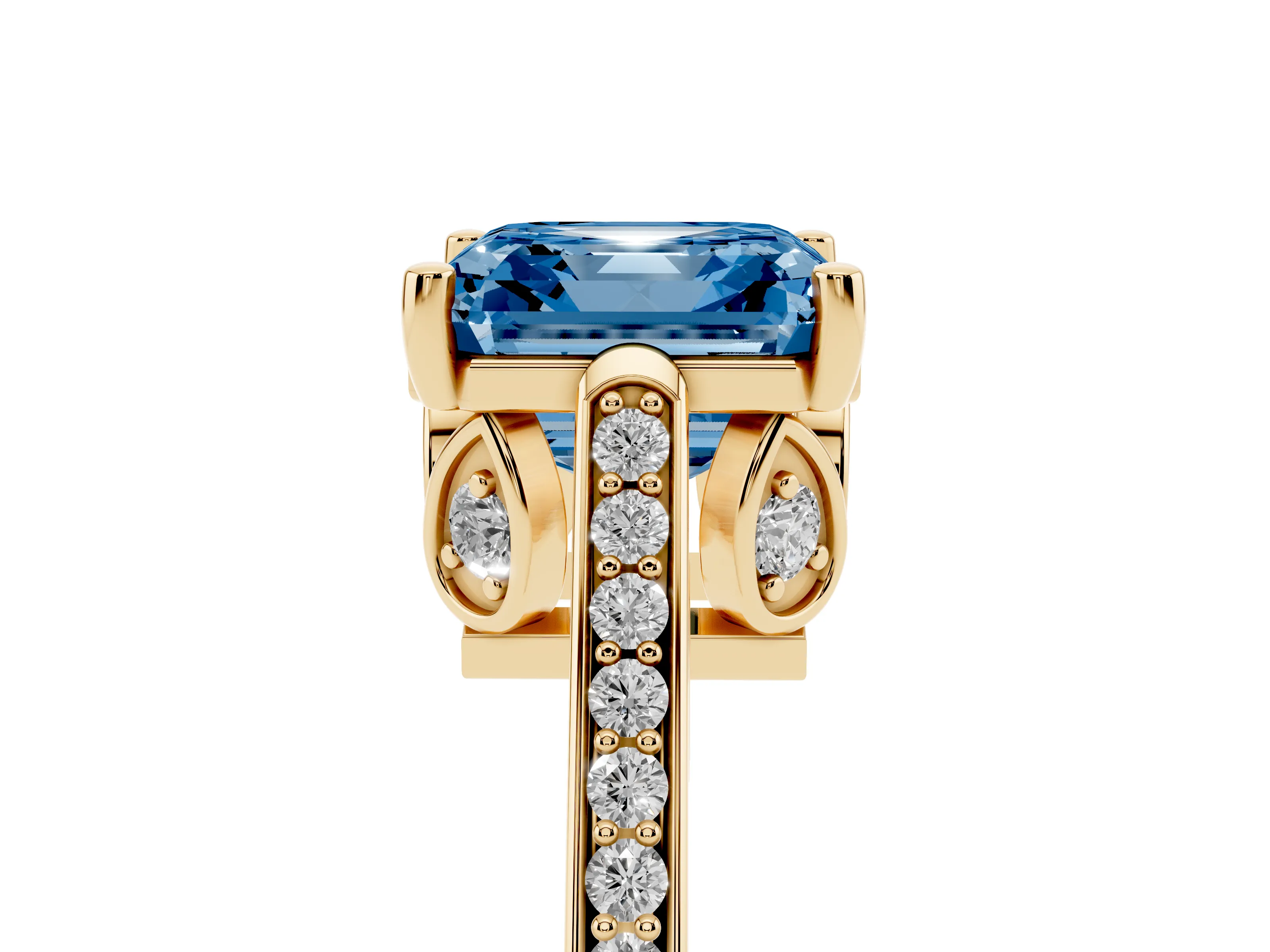 Fancy Blue Asscher Cut Diamond Cathedral Pavé Engagement Ring Set in Yellow gold with Prong Setting