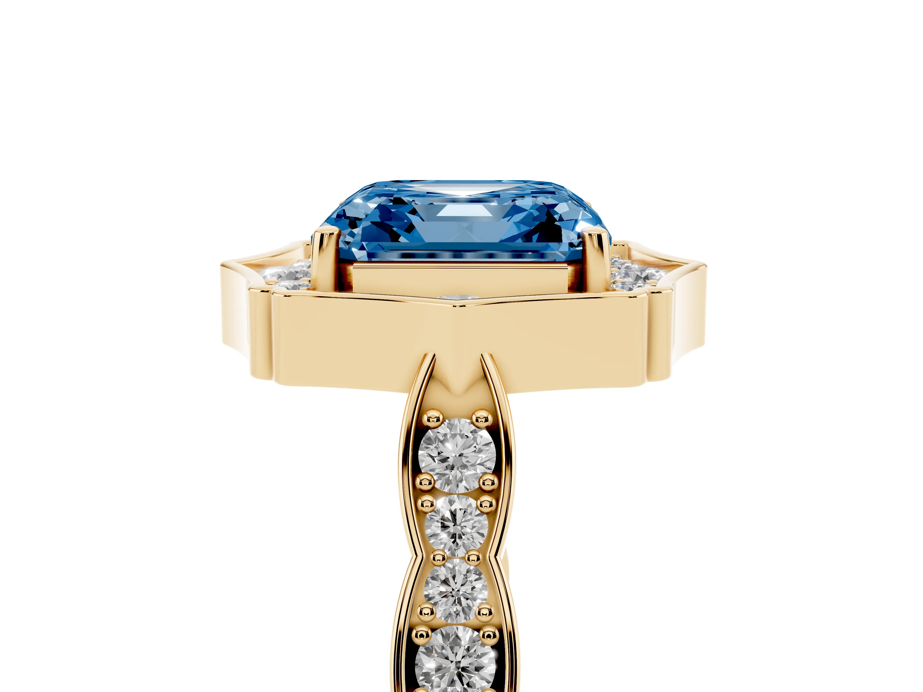 Fancy Blue Asscher Cut Diamond Halo Engagement Ring Set in Yellow gold with Milgrain Band and Prong Setting