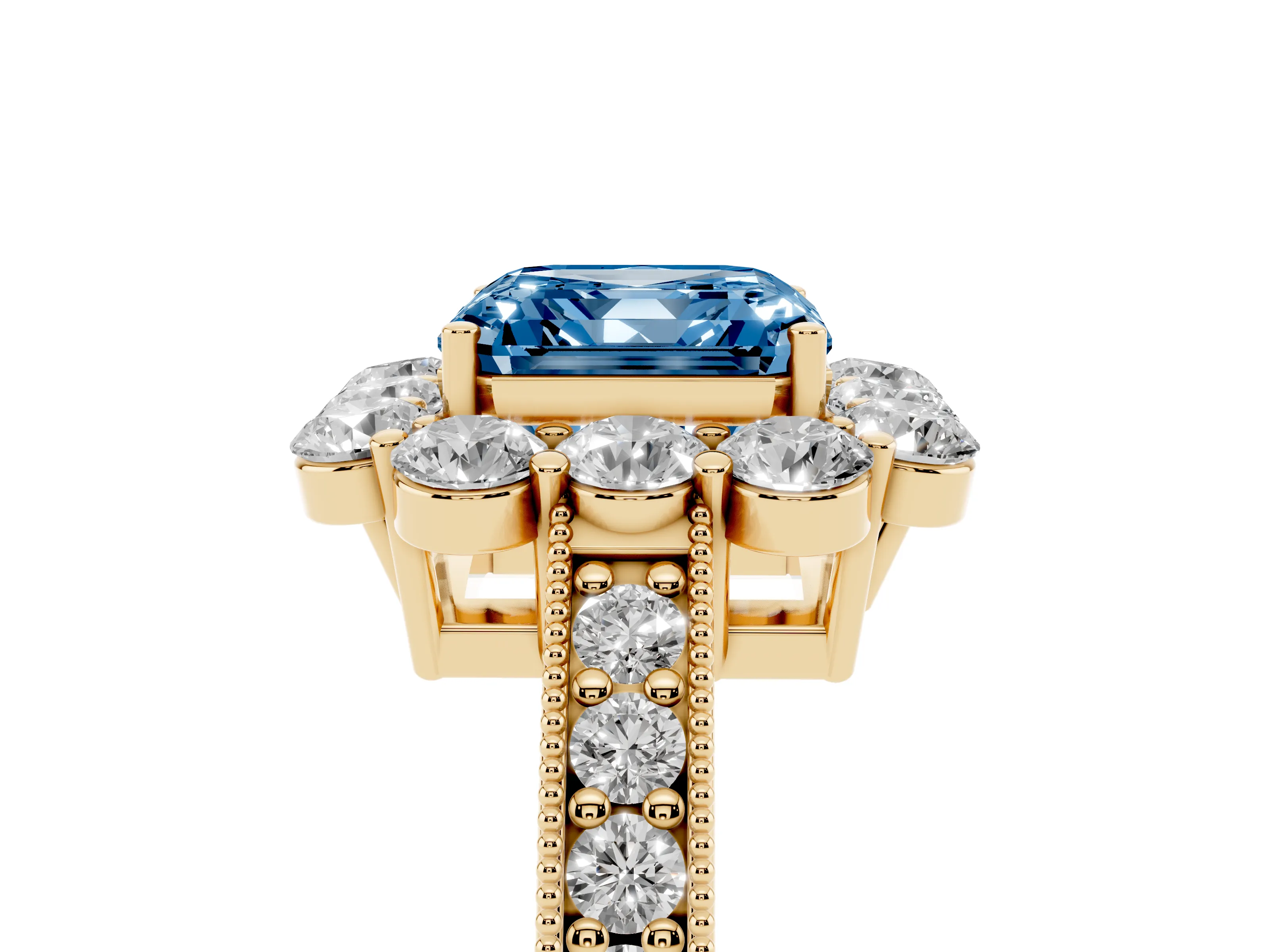 Fancy Blue Asscher Cut Diamond Halo Pavé Engagement Ring Set in Yellow gold with Milgrain Detailing
