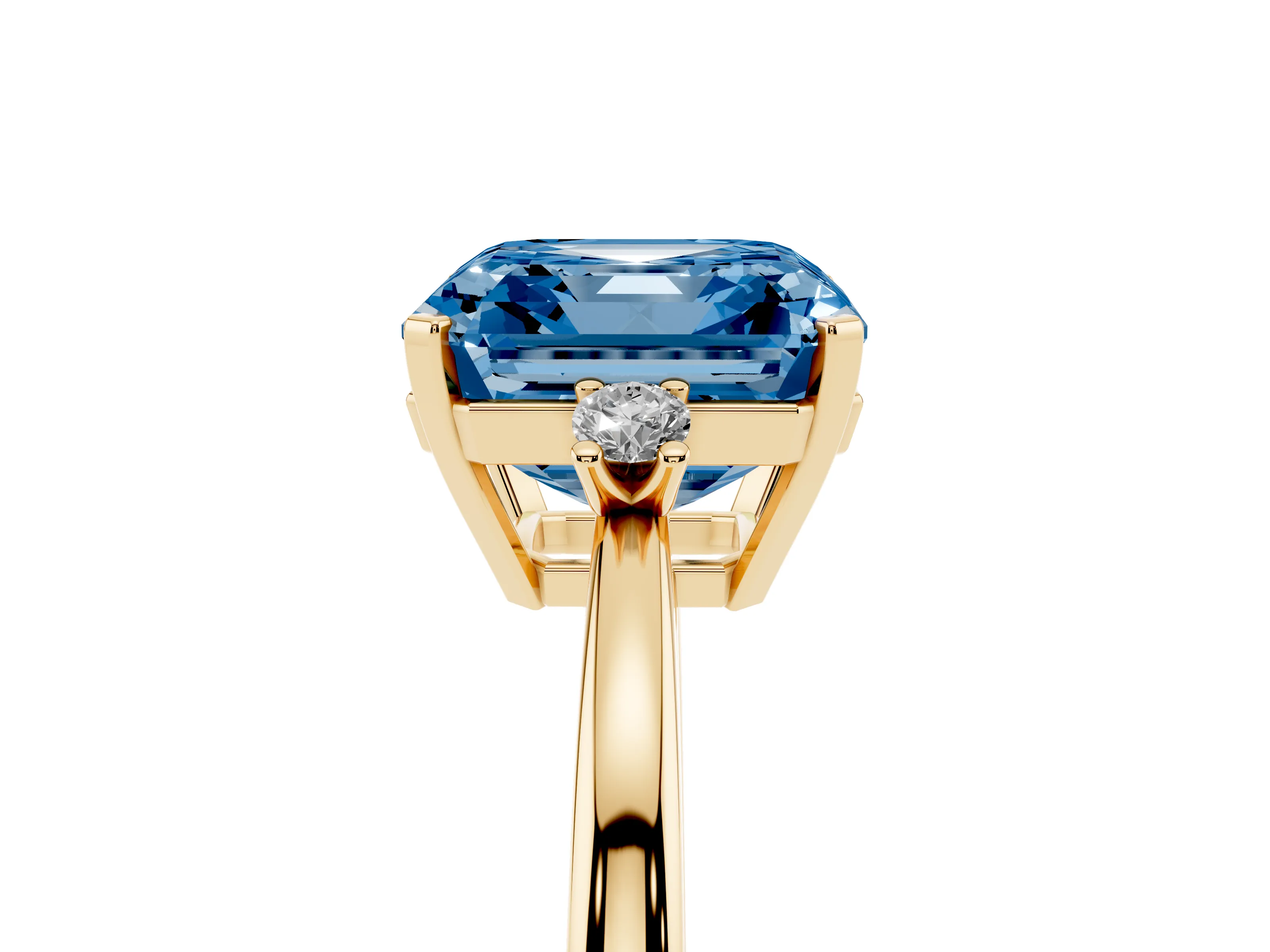 Fancy Blue Three-Stone Asscher Cut Diamond Solitaire Ring Set in Yellow gold with Round Accent Stones and Prong Setting
