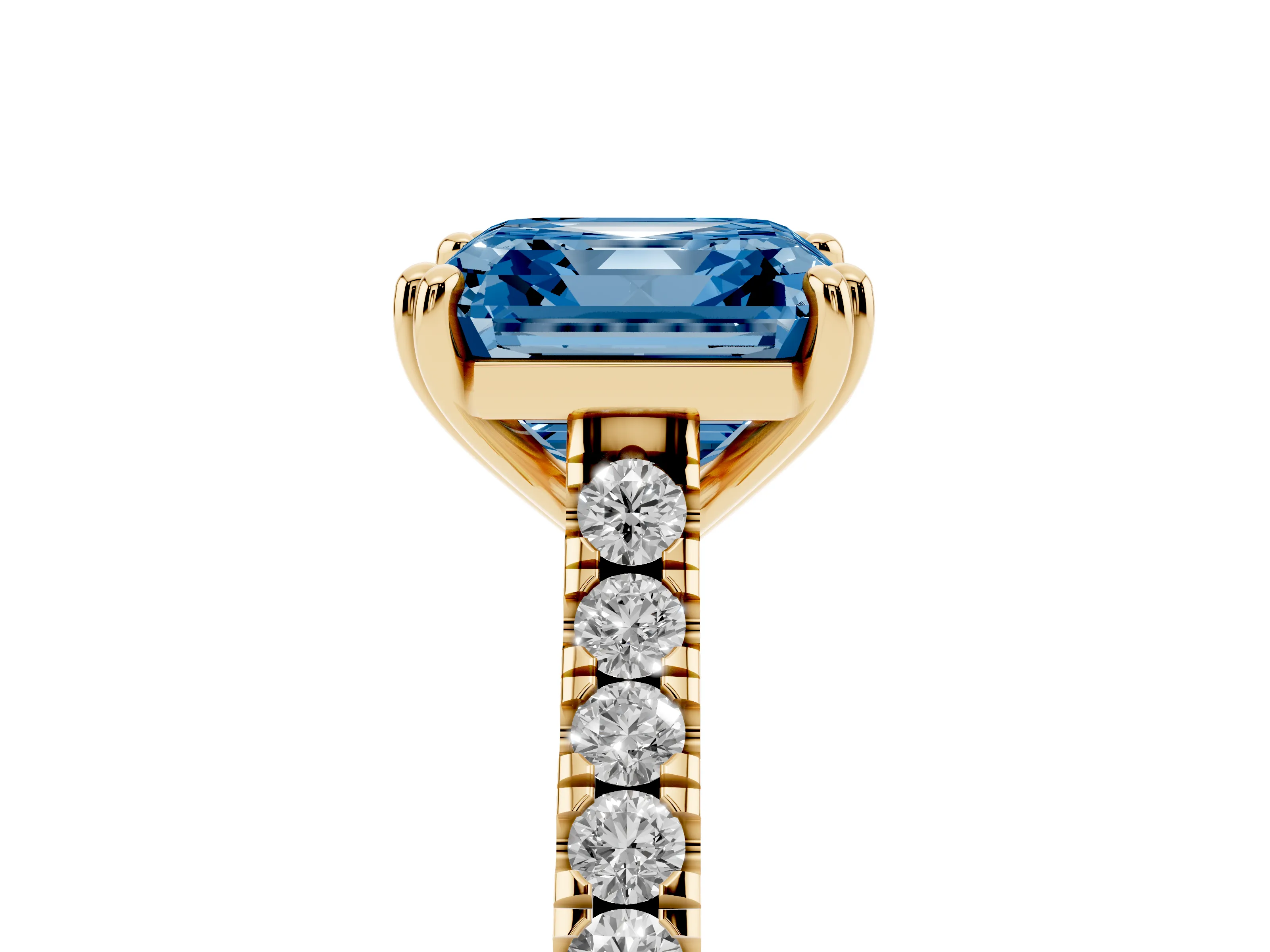 Fancy Blue Asscher Cut Diamond Solitaire Engagement Ring Set in Yellow gold with Pavé Accents and Prong Setting
