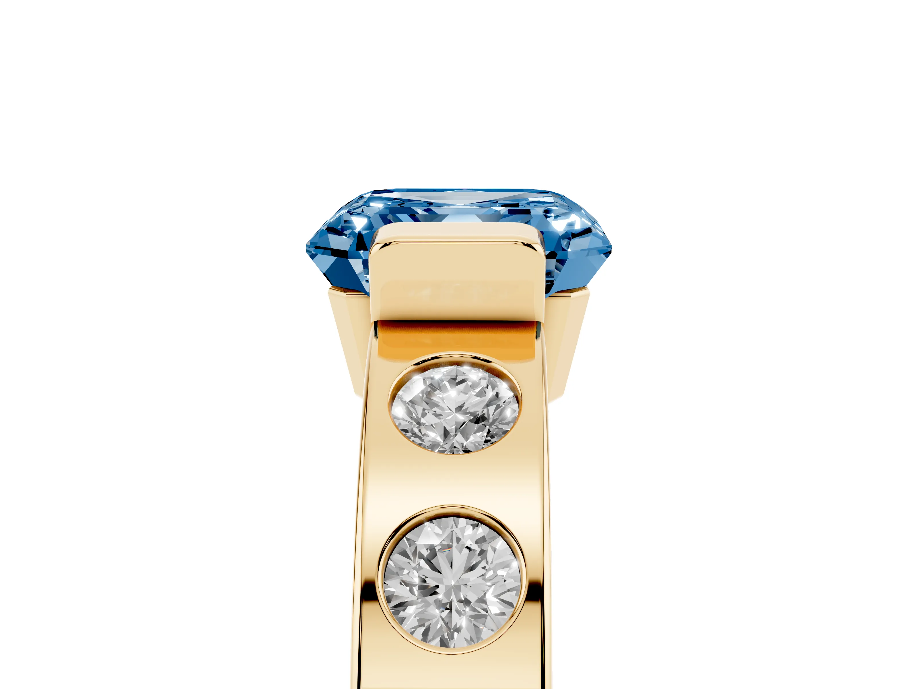 Fancy Blue Asscher Cut Diamond Channel-Set Band Ring Set in Yellow gold with Bezel Prong Setting