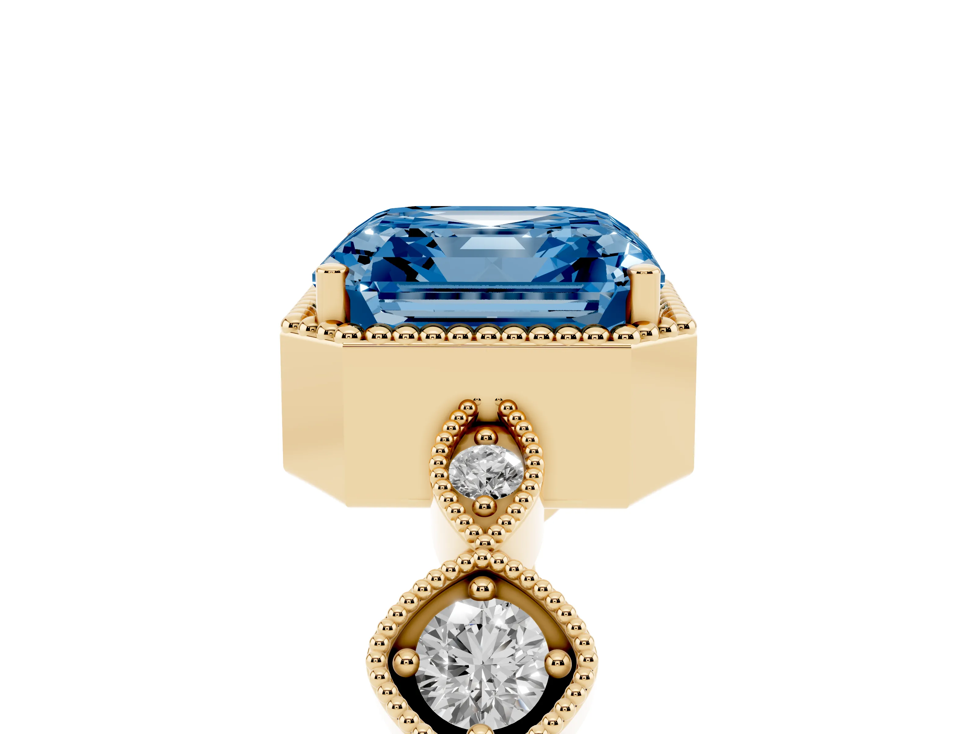 Fancy Blue Asscher Cut Diamond Vintage-Inspired Milgrain Ring Set in Yellow gold with Marquise Stations of Round Accents