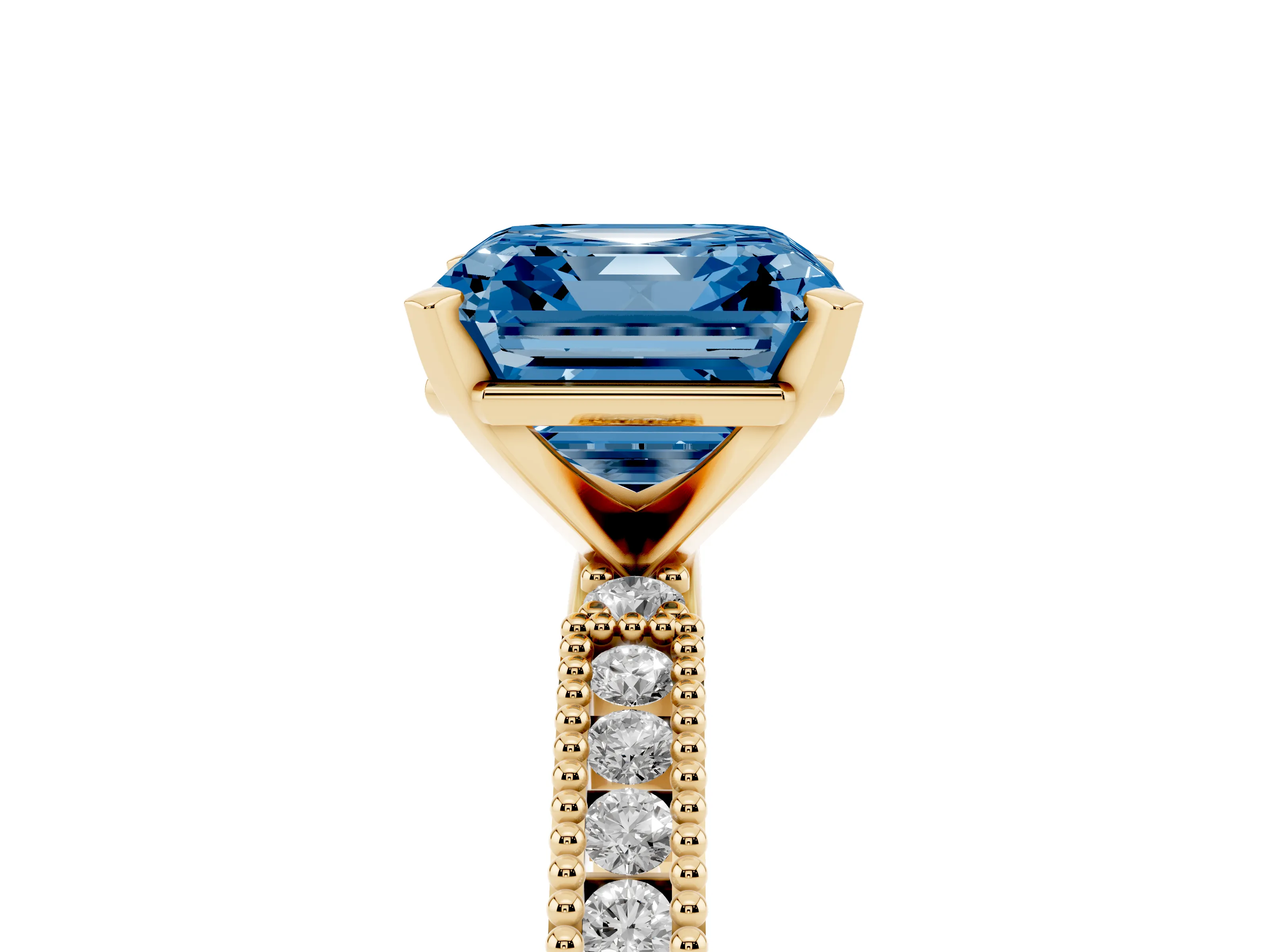 Fancy Blue Asscher Cut Diamond Solitaire Ring Set in Yellow gold with Slim Pavé Band and Prong Setting