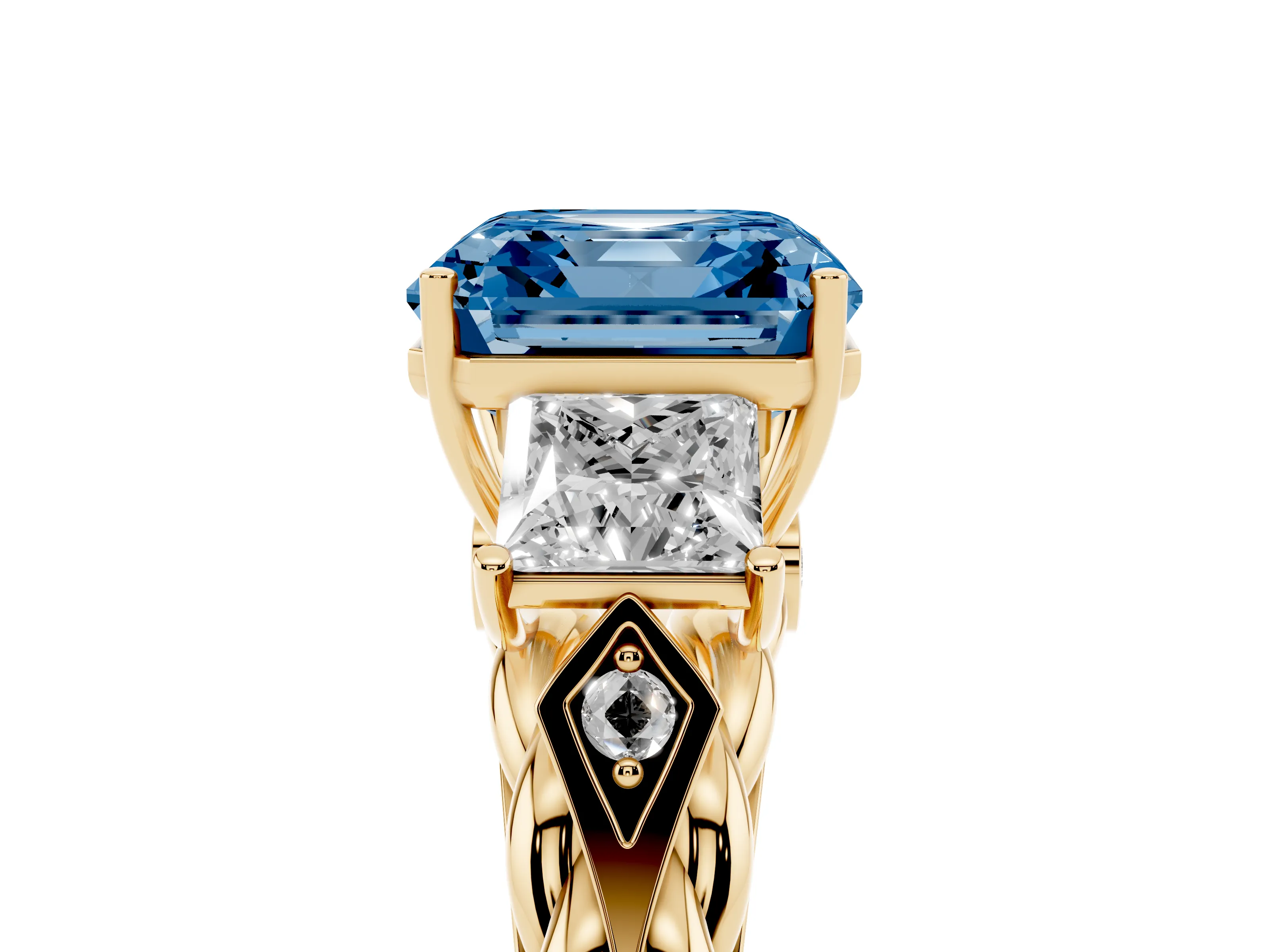Fancy Blue Asscher Cut Diamond Three-Stone Ring Set in Yellow gold with Braided Band